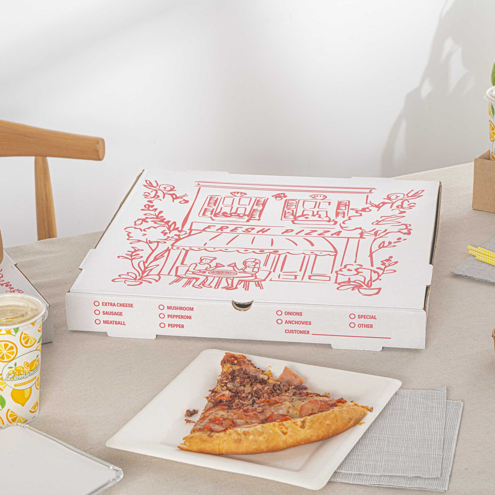Pizzaly White and Red Corrugated Pizza Box - Pizzeria Doodle Print - 18" x 18" x 1 3/4" - 50 count box