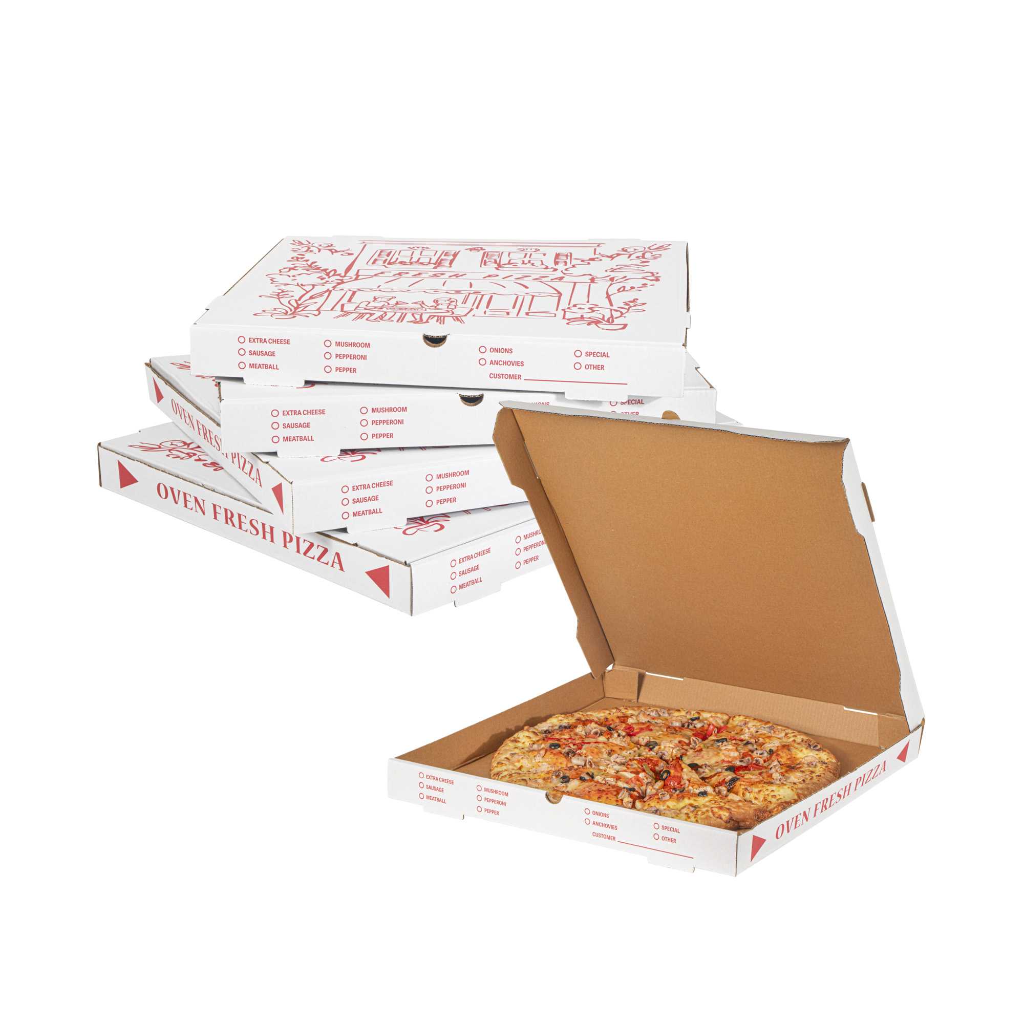 Pizzaly White and Red Corrugated Pizza Box - Pizzeria Doodle Print - 20" x 20" x 1 3/4" - 50 count box