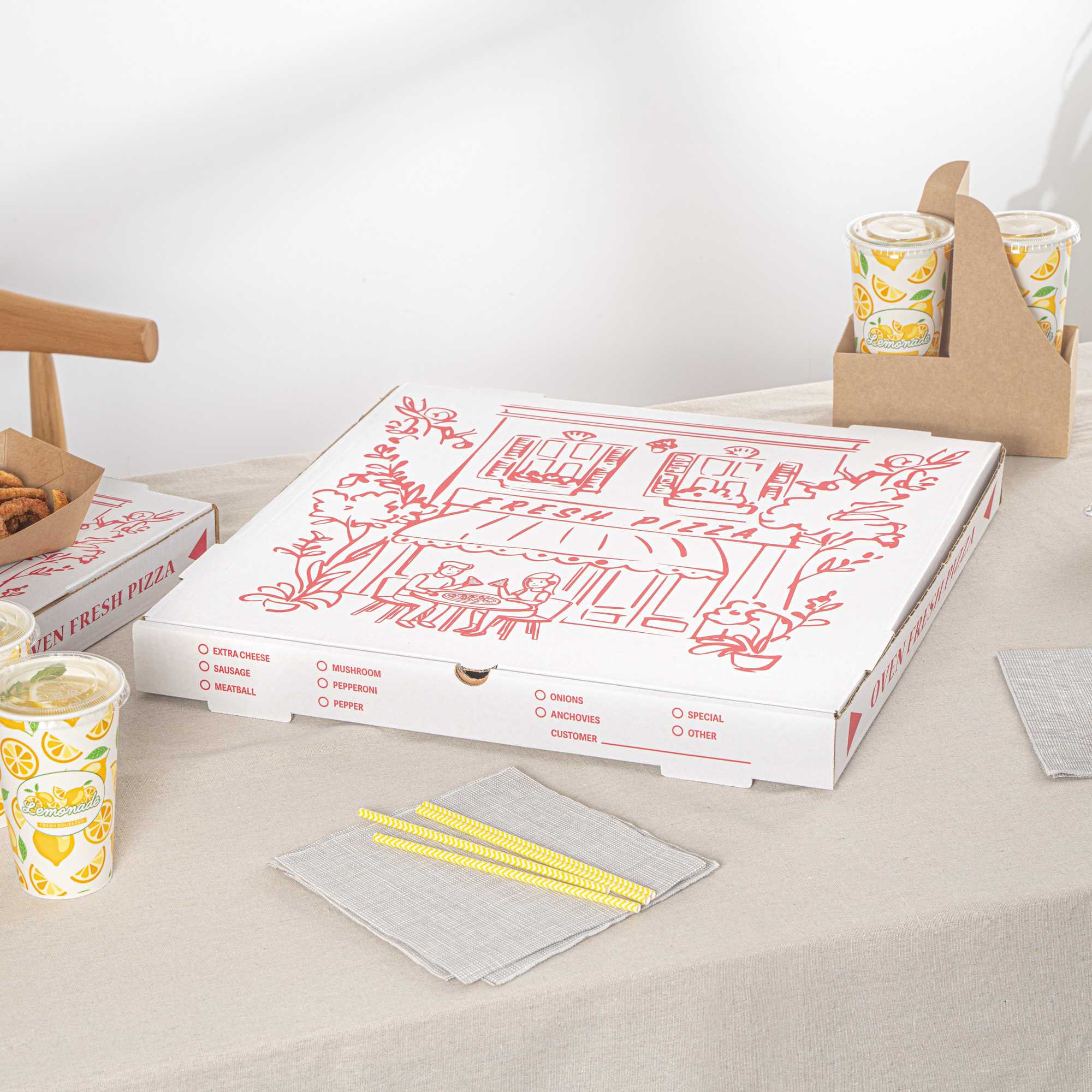 Pizzaly White and Red Corrugated Pizza Box - Pizzeria Doodle Print - 20" x 20" x 1 3/4" - 50 count box
