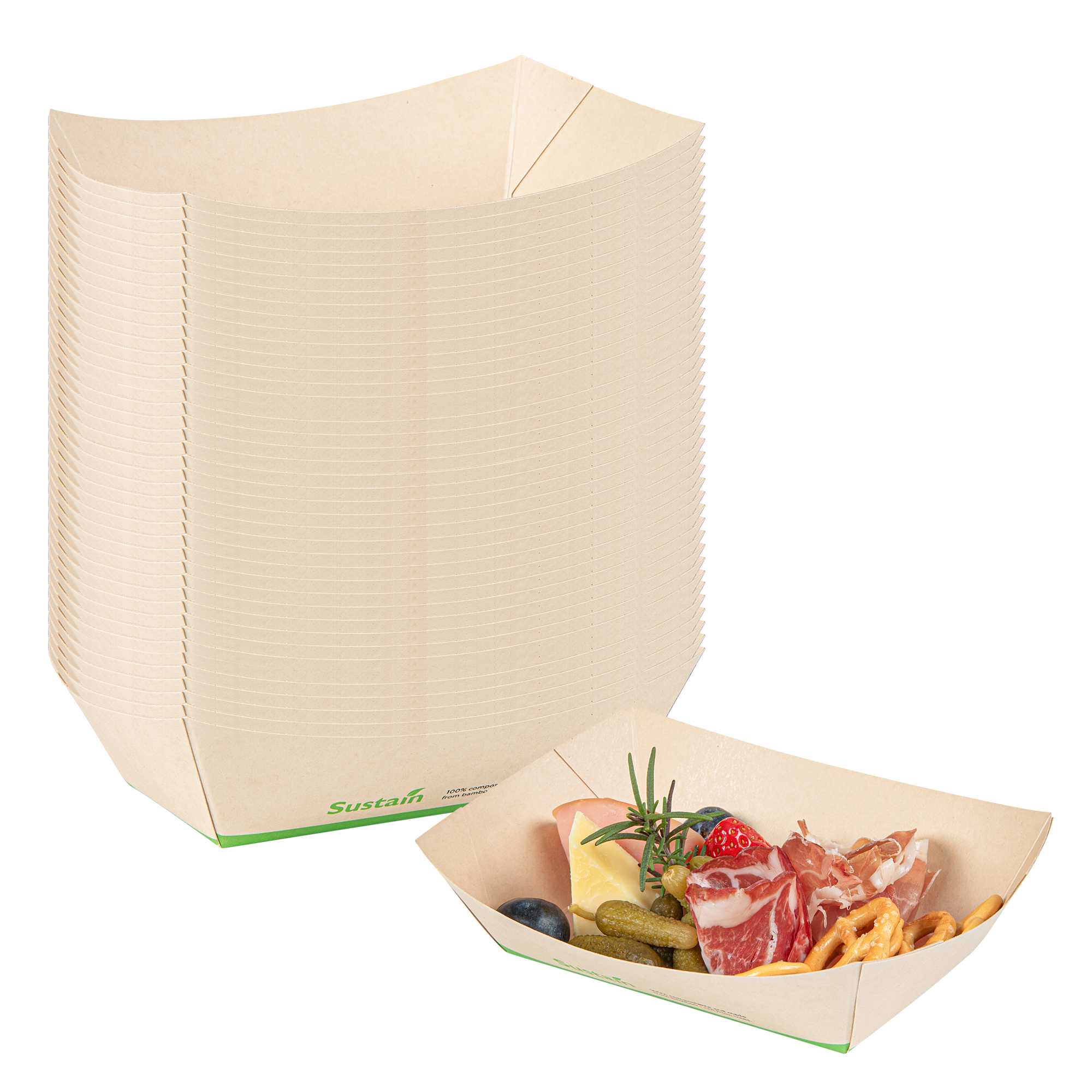 Sustain 1 lb Bamboo Paper #200 Food Tray / Boat - with PLA Lining, Compostable - 7 1/4" x 5 3/4" x 2" - 50 count box