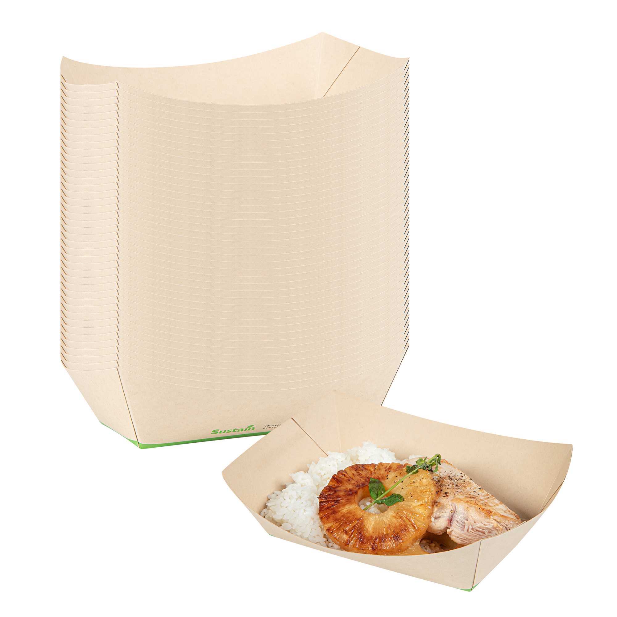 Sustain 2 lb Bamboo Paper #500 Food Tray / Boat - with PLA Lining, Compostable - 8 3/4" x 6 3/4" x 2 1/4" - 50 count box