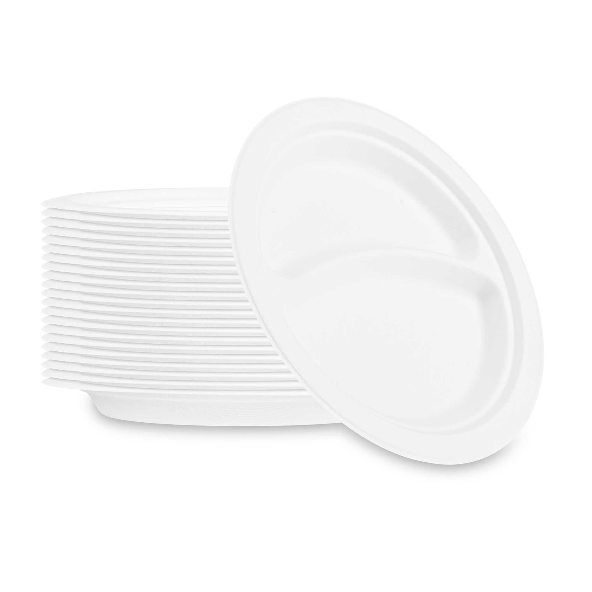 Pulp Safe No PFAS Added Round White Sugarcane / Bagasse Plate - 2 Compartments, Home Compostable - 8 3/4" x 8 3/4" - 100 Count Box