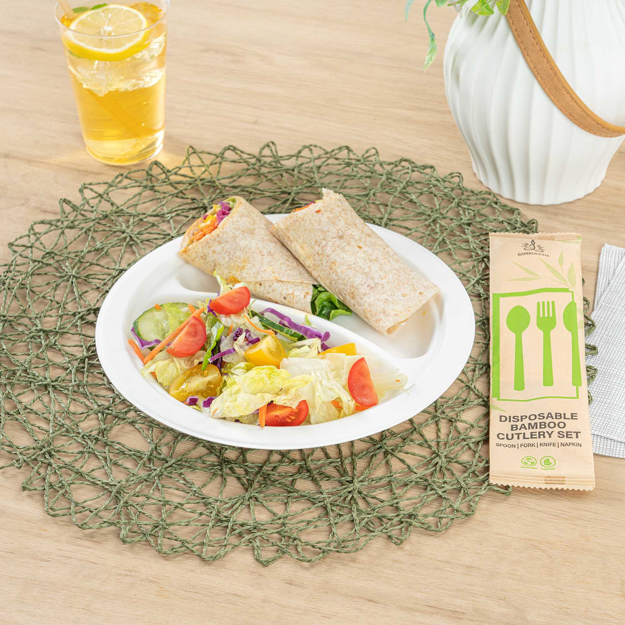 Pulp Safe No PFAS Added Round White Sugarcane / Bagasse Plate - 2 Compartments, Home Compostable - 8 3/4" x 8 3/4" - 100 Count Box