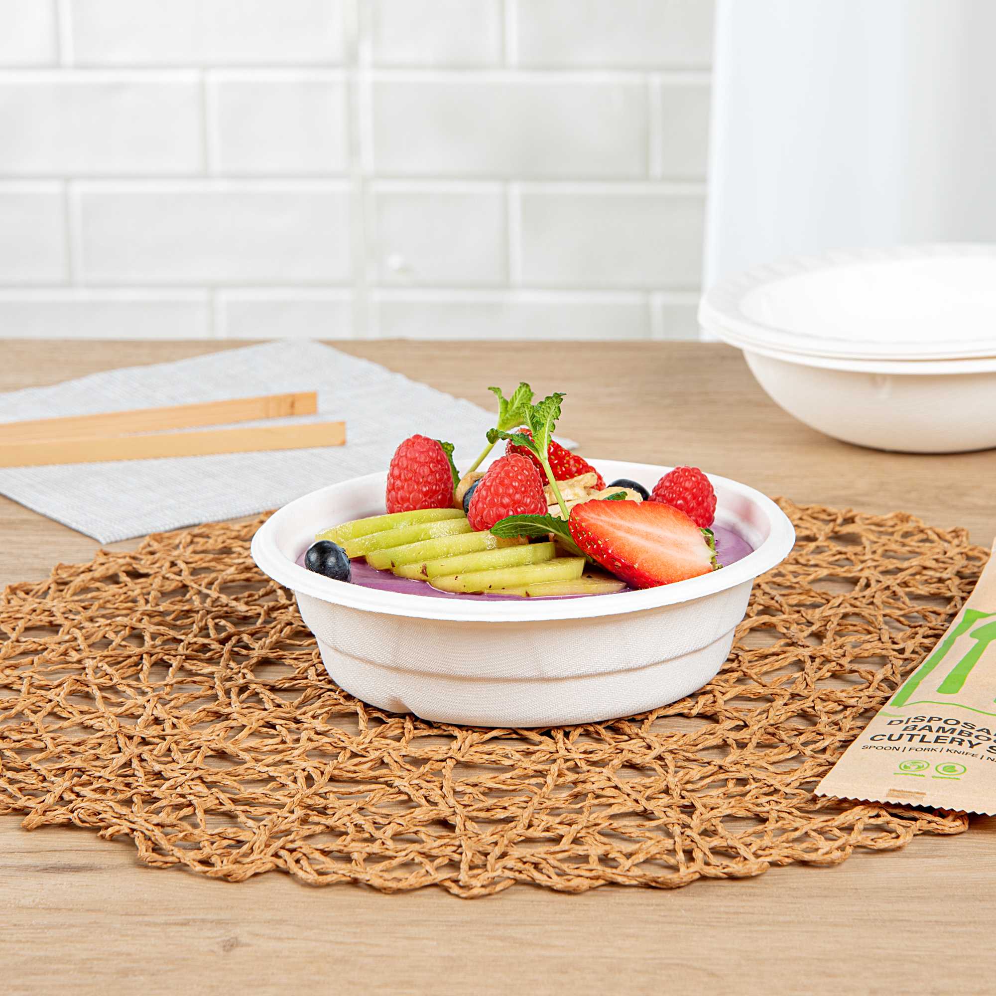 Pulp Safe No PFAS Added 17 oz Round White Bagasse Bowl - Home Compostable, Diamond Pattern - 6 1/4" x 6 1/4" x 1 3/4" - 100 Count Box