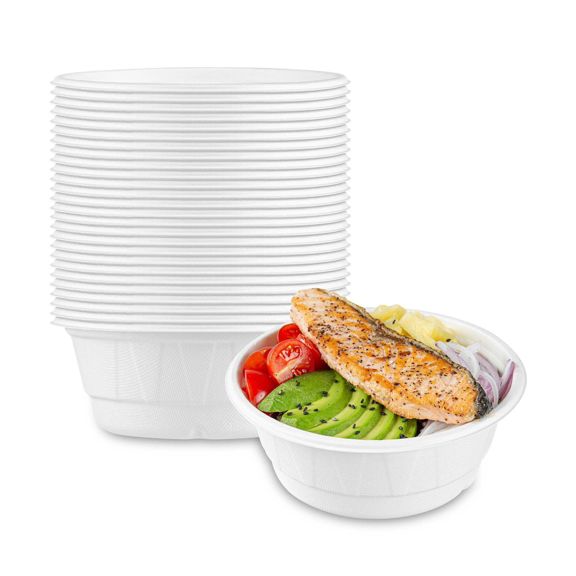 Pulp Safe No PFAS Added 24 oz Round White Bagasse Bowl - Home Compostable, Diamond Pattern - 6 1/4" x 6 1/4" x 2 1/4" - 100 Count Box