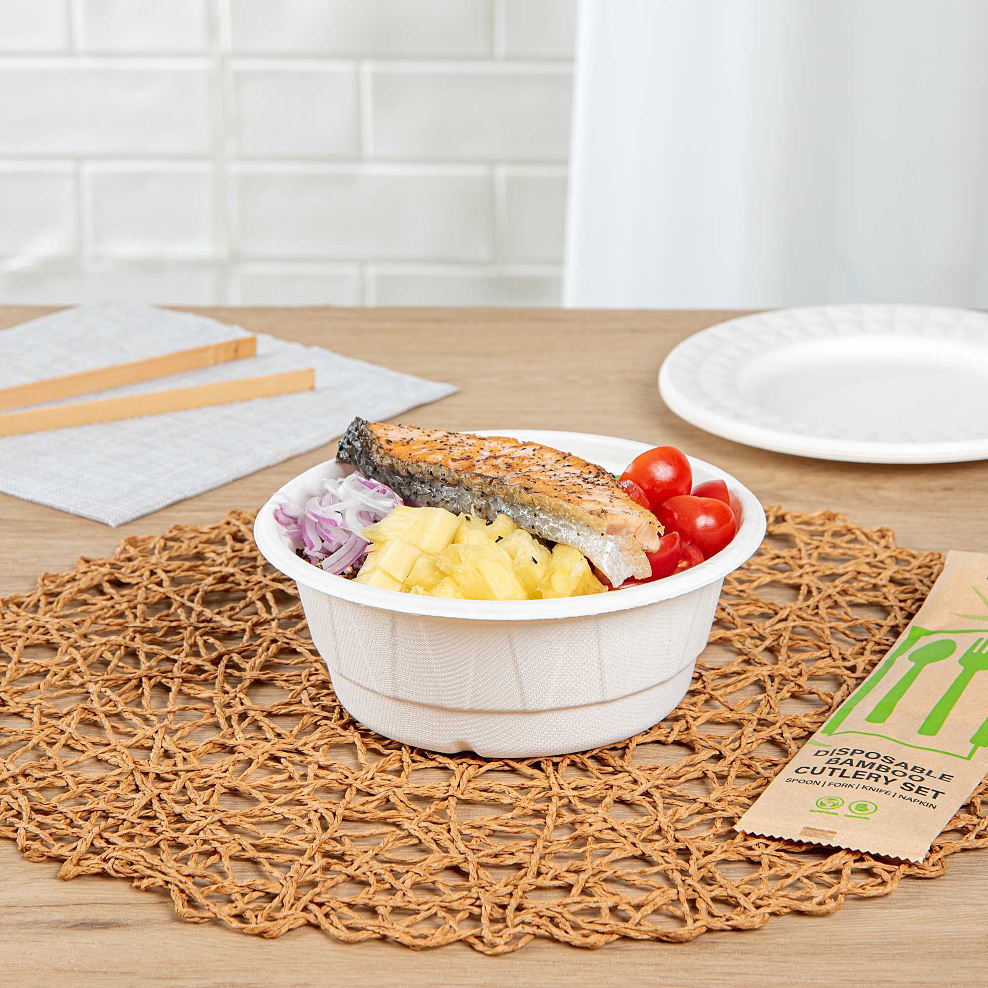 Pulp Safe No PFAS Added 24 oz Round White Bagasse Bowl - Home Compostable, Diamond Pattern - 6 1/4" x 6 1/4" x 2 1/4" - 100 Count Box