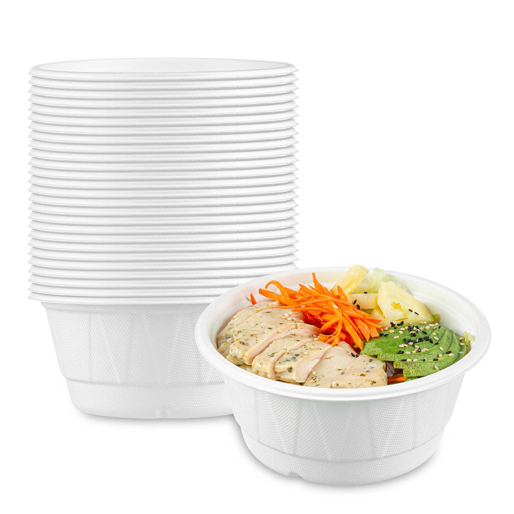 Pulp Safe No PFAS Added 29 oz Round White Bagasse Bowl - Home Compostable, Diamond Pattern - 6 1/4" x 6 1/4" x 2 3/4" - 100 Count Box