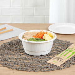Pulp Safe No PFAS Added 29 oz Round White Bagasse Bowl - Home Compostable, Diamond Pattern - 6 1/4