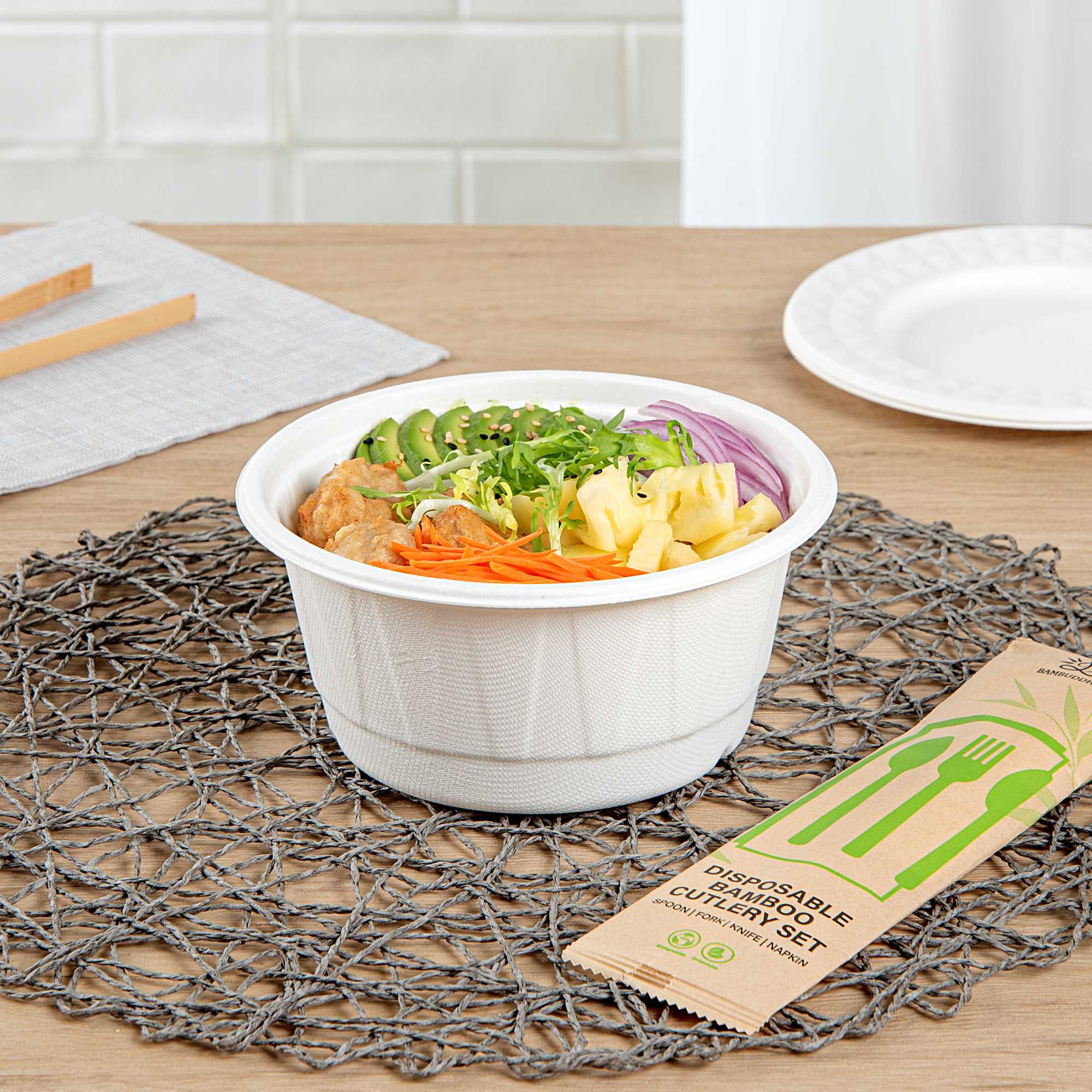 Pulp Safe No PFAS Added 34 oz Round White Sugarcane / Bagasse Bowl - Home Compostable,Diamond Pattern - 6 1/4" x 6 1/4" x 3" - 100 Count Box