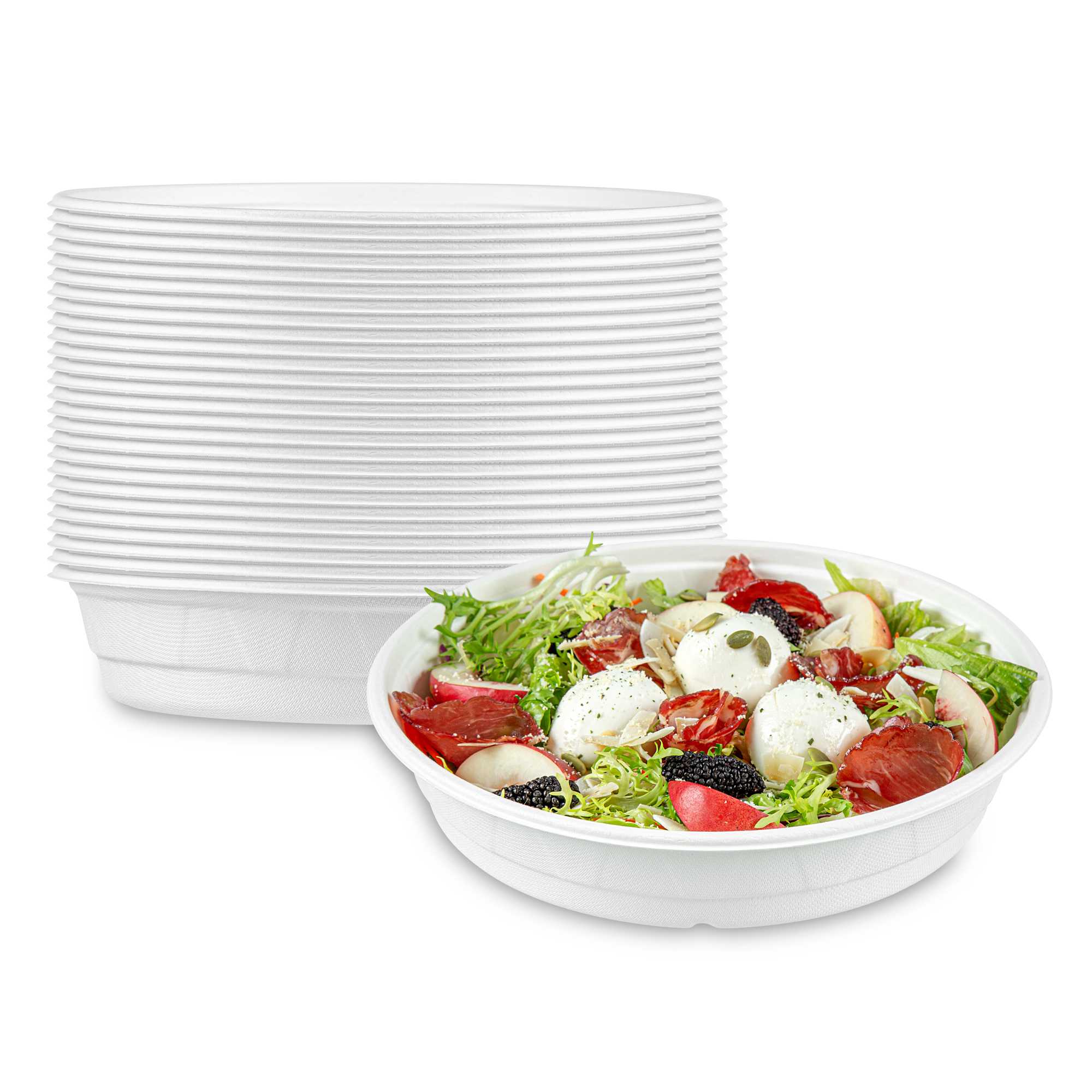 Pulp Safe No PFAS Added 50 oz Round White Sugarcane / Bagasse Bowl - Home Compostable - 10" x 10" x 2" - 100 Count Box