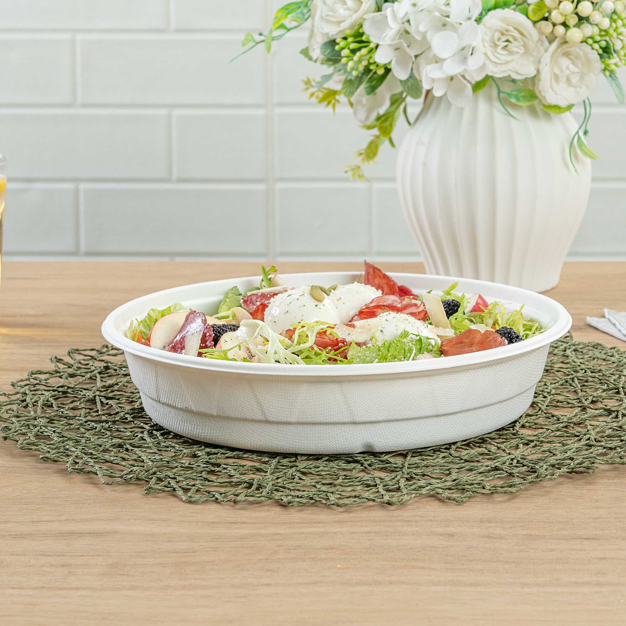 Pulp Safe No PFAS Added 50 oz Round White Sugarcane / Bagasse Bowl - Home Compostable - 10" x 10" x 2" - 100 Count Box