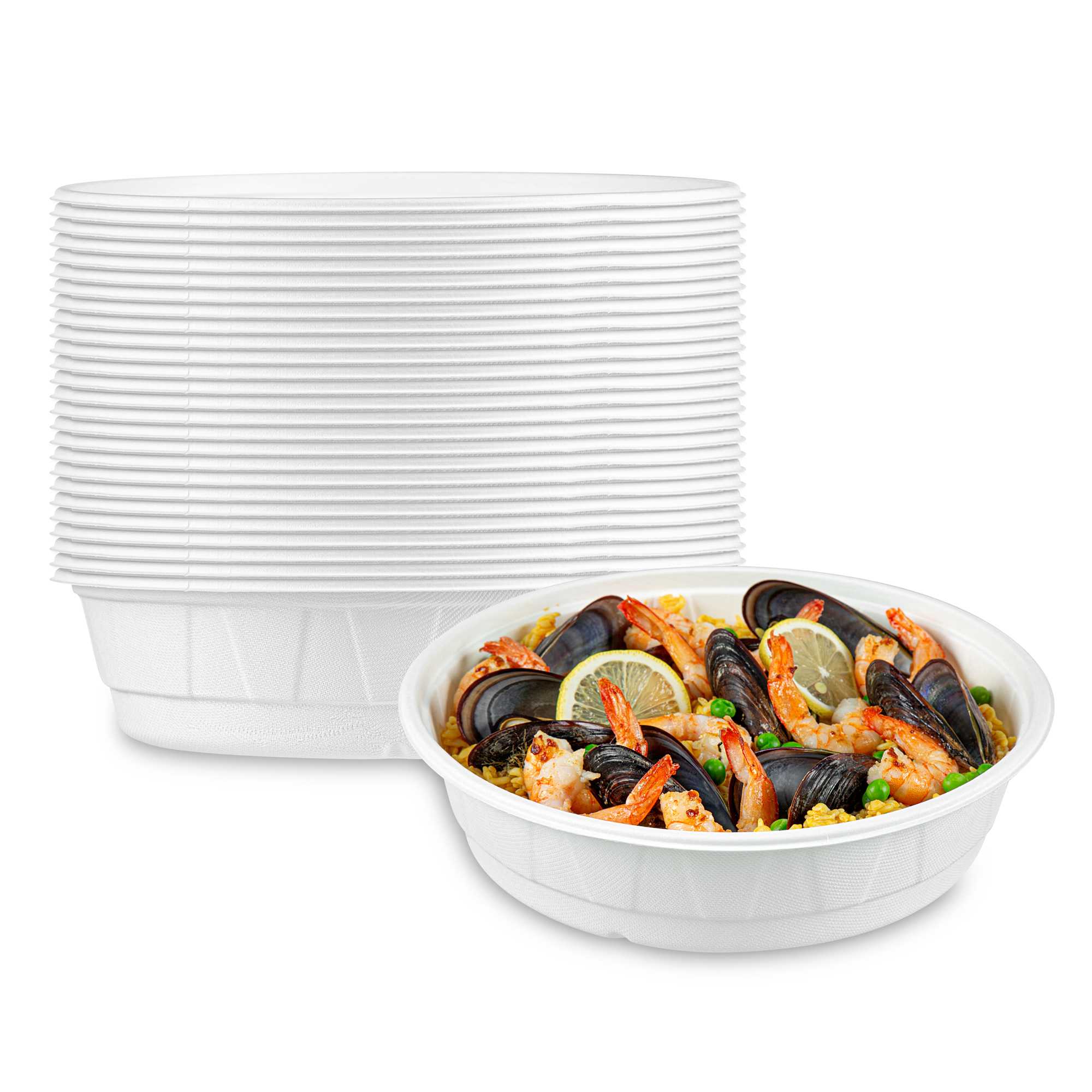 Pulp Safe No PFAS Added 68 oz Round White Sugarcane / Bagasse Bowl - Home Compostable - 10" x 10" x 2 1/2" - 100 Count Box