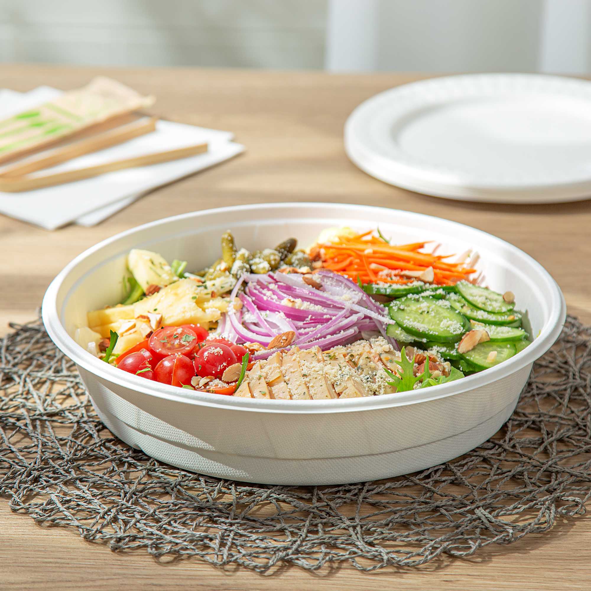 Pulp Safe No PFAS Added 84 oz Round White Sugarcane / Bagasse Bowl - Home Compostable - 11 1/4" x 11 1/4" x 2 1/4" - 100 Count Box