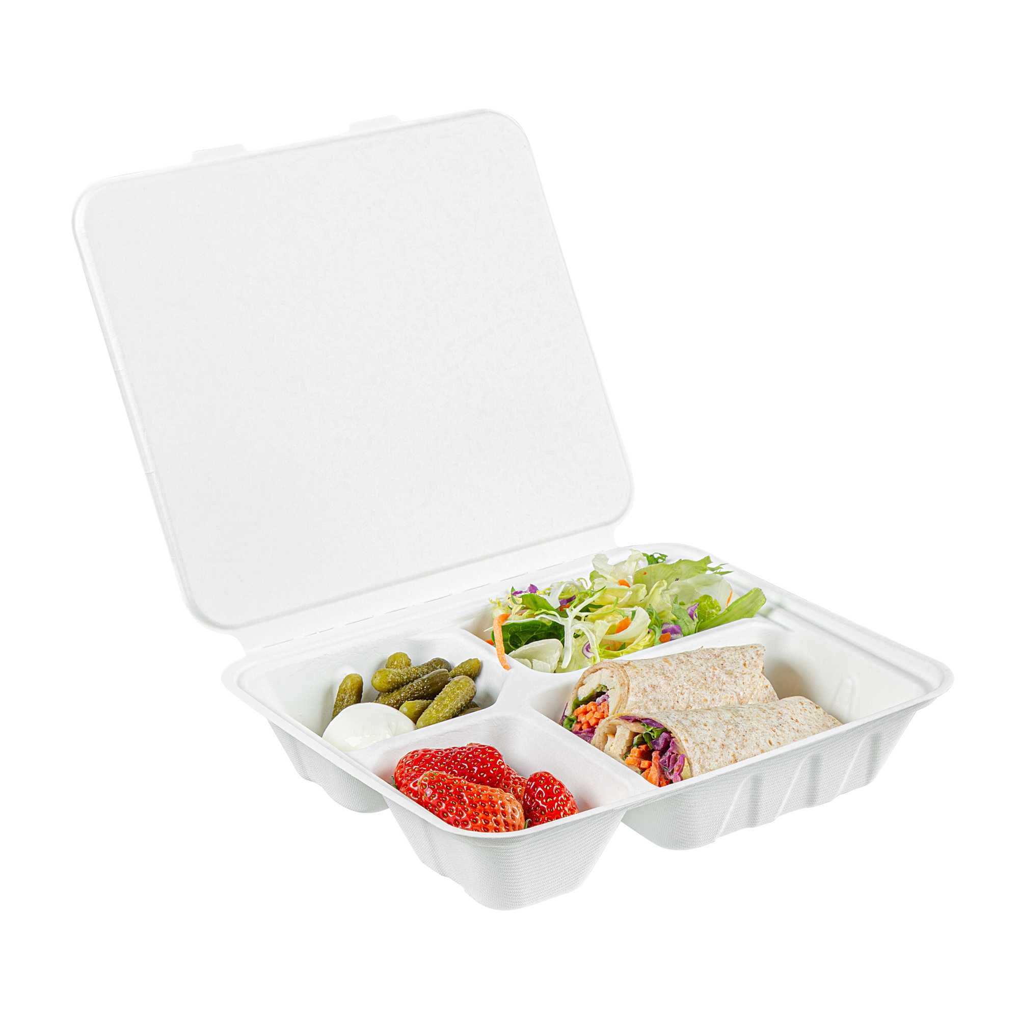 Pulp Safe No PFAS Added Rectangle White Bagasse Clamshell Container - 4 Compartments,Home Compostable - 9 3/4" x 7 1/2" x 2" - 100 Count Box