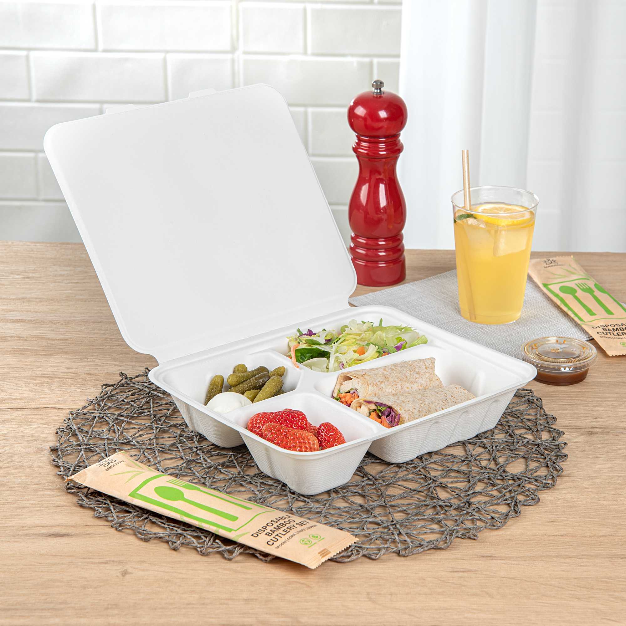 Pulp Safe No PFAS Added Rectangle White Bagasse Clamshell Container - 4 Compartments,Home Compostable - 9 3/4" x 7 1/2" x 2" - 100 Count Box