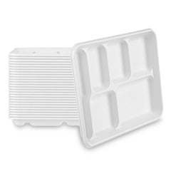 Pulp Safe No PFAS Added Rectangle White Sugarcane/Bagasse Food Tray - 6 Compartments,Home Compostable - 12 1/2