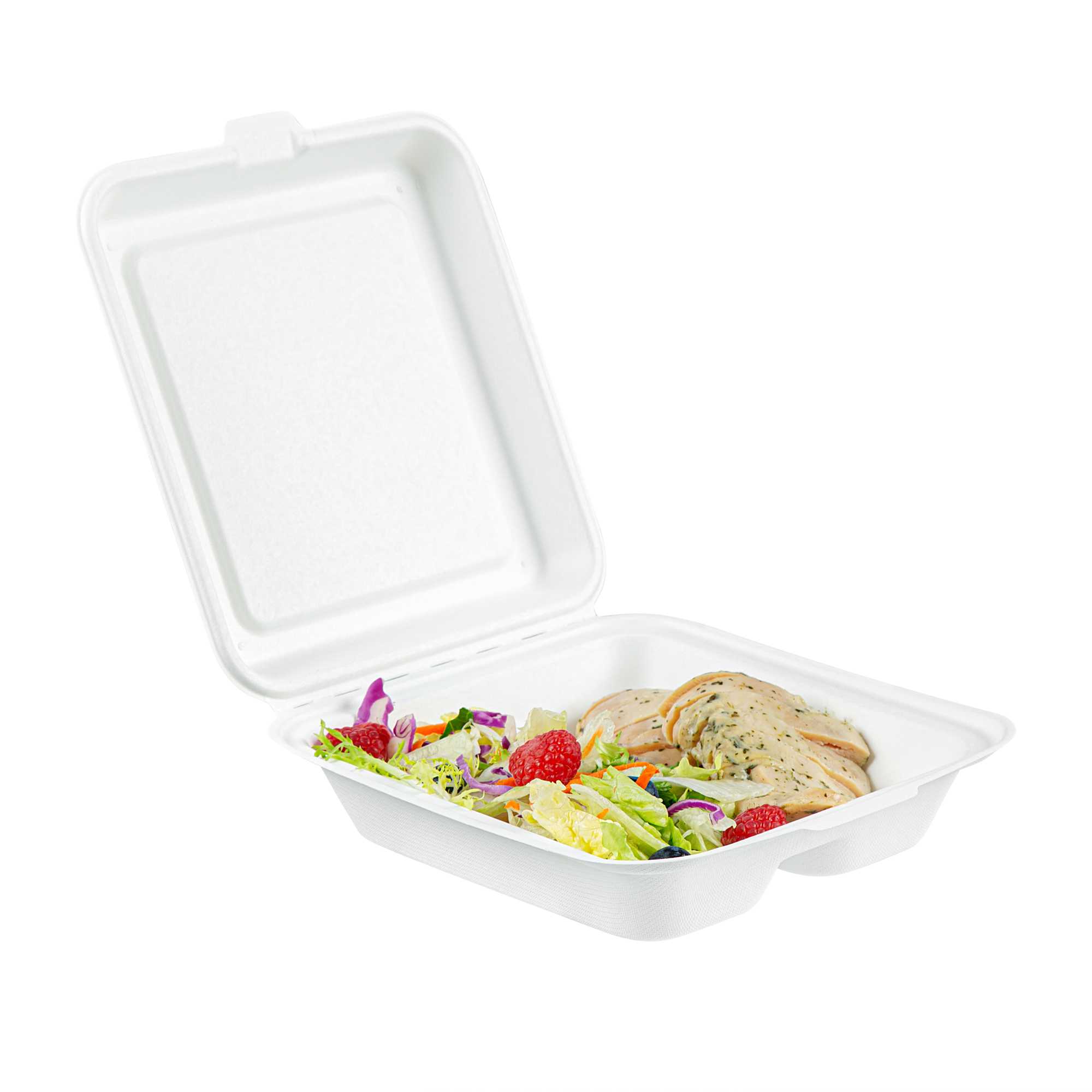 Pulp Safe No PFAS Added White Bagasse Clamshell Container - 2 Compartments, Home Compostable - 16 1/2" x 7 1/2" x 1 3/4" - 100 Count Box