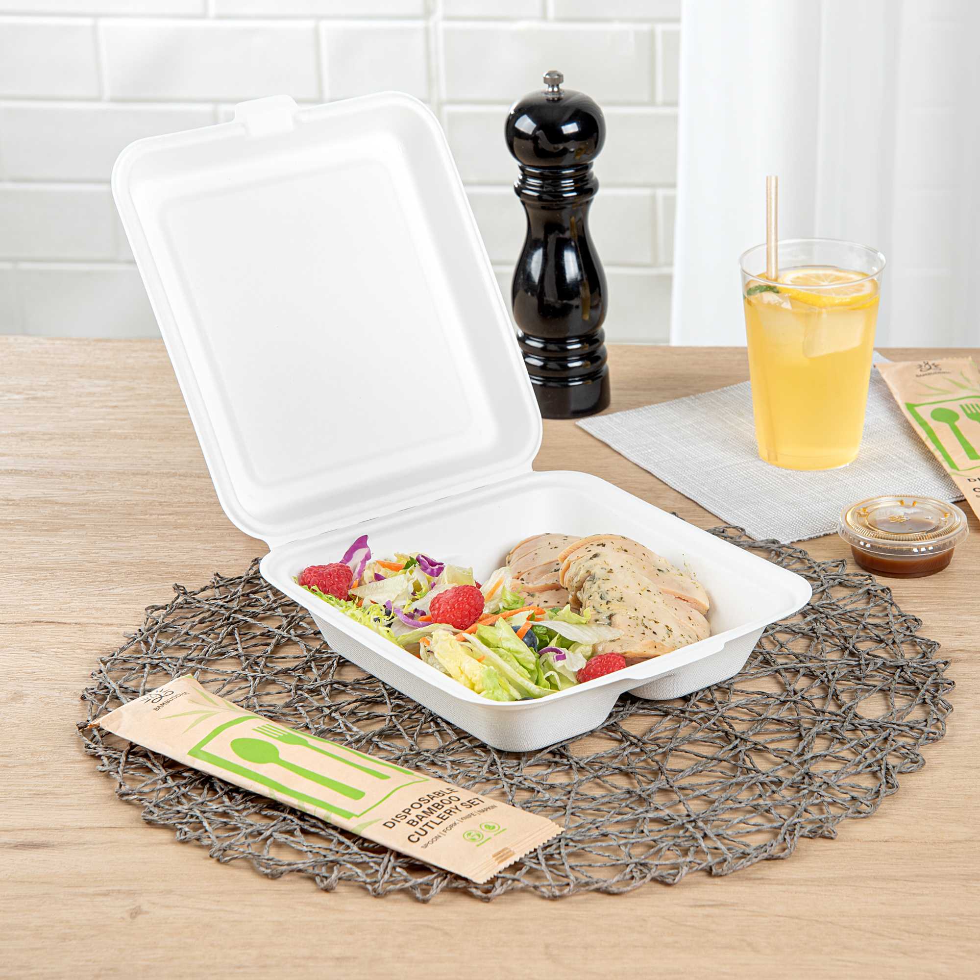 Pulp Safe No PFAS Added White Bagasse Clamshell Container - 2 Compartments, Home Compostable - 16 1/2" x 7 1/2" x 1 3/4" - 100 Count Box