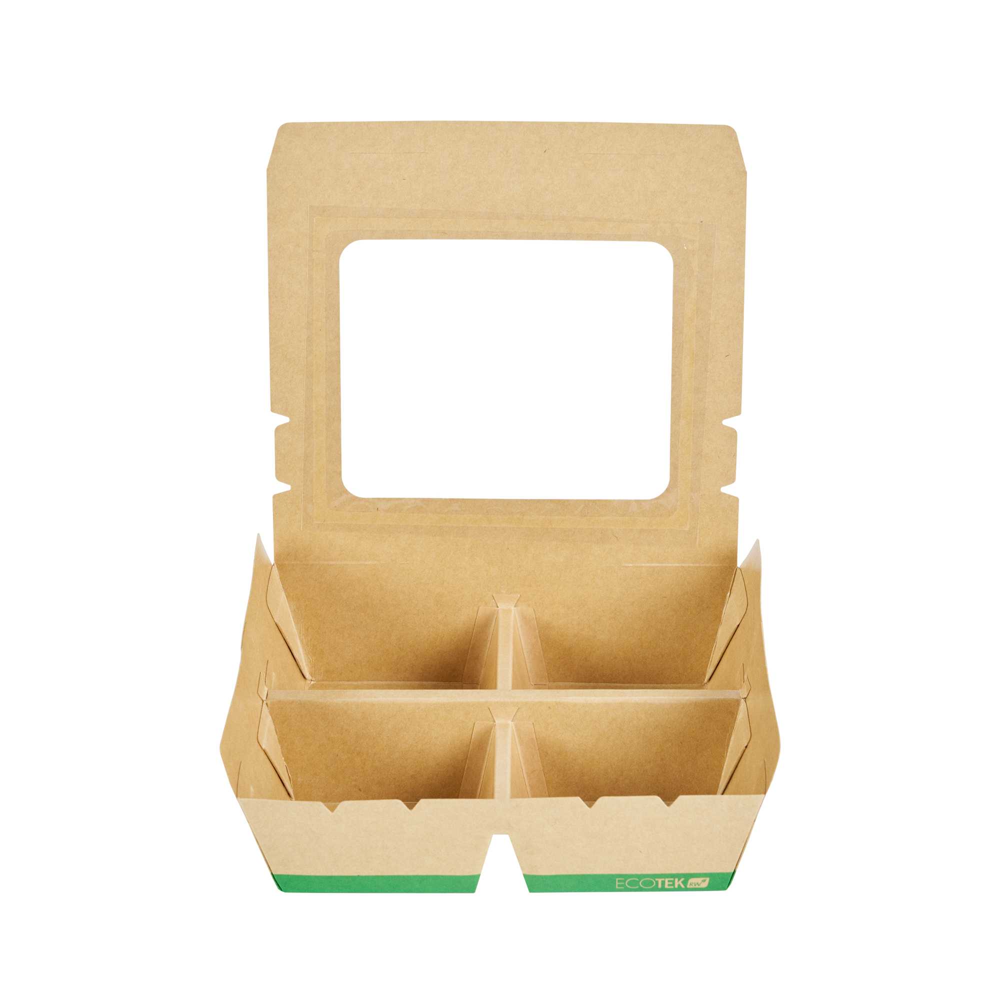 Eco Tek 28 oz Rectangle Kraft Paperboard Bento Box - with PLA Window, 4 Compartments, Compostable - 7 3/4" x 7" x 2 1/4" - 50 count box