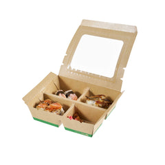 Eco Tek 28 oz Rectangle Kraft Paperboard Bento Box - with PLA Window, 4 Compartments, Compostable - 7 3/4