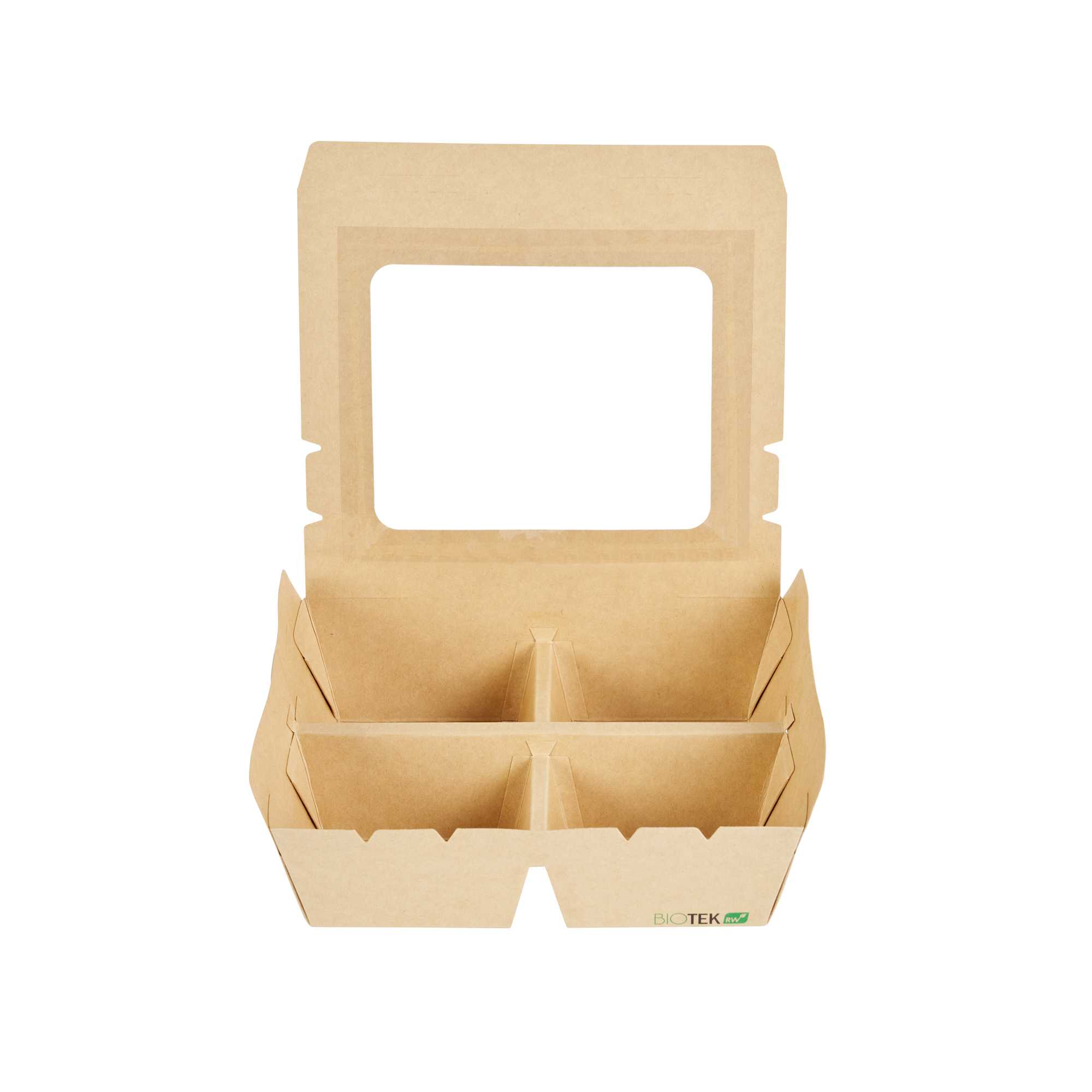 Bio Tek 28 oz Rectangle Kraft Paperboard Bento Box - with PET Window, 4 Compartments - 7 3/4" x 7" x 2 1/4" - 50 count box