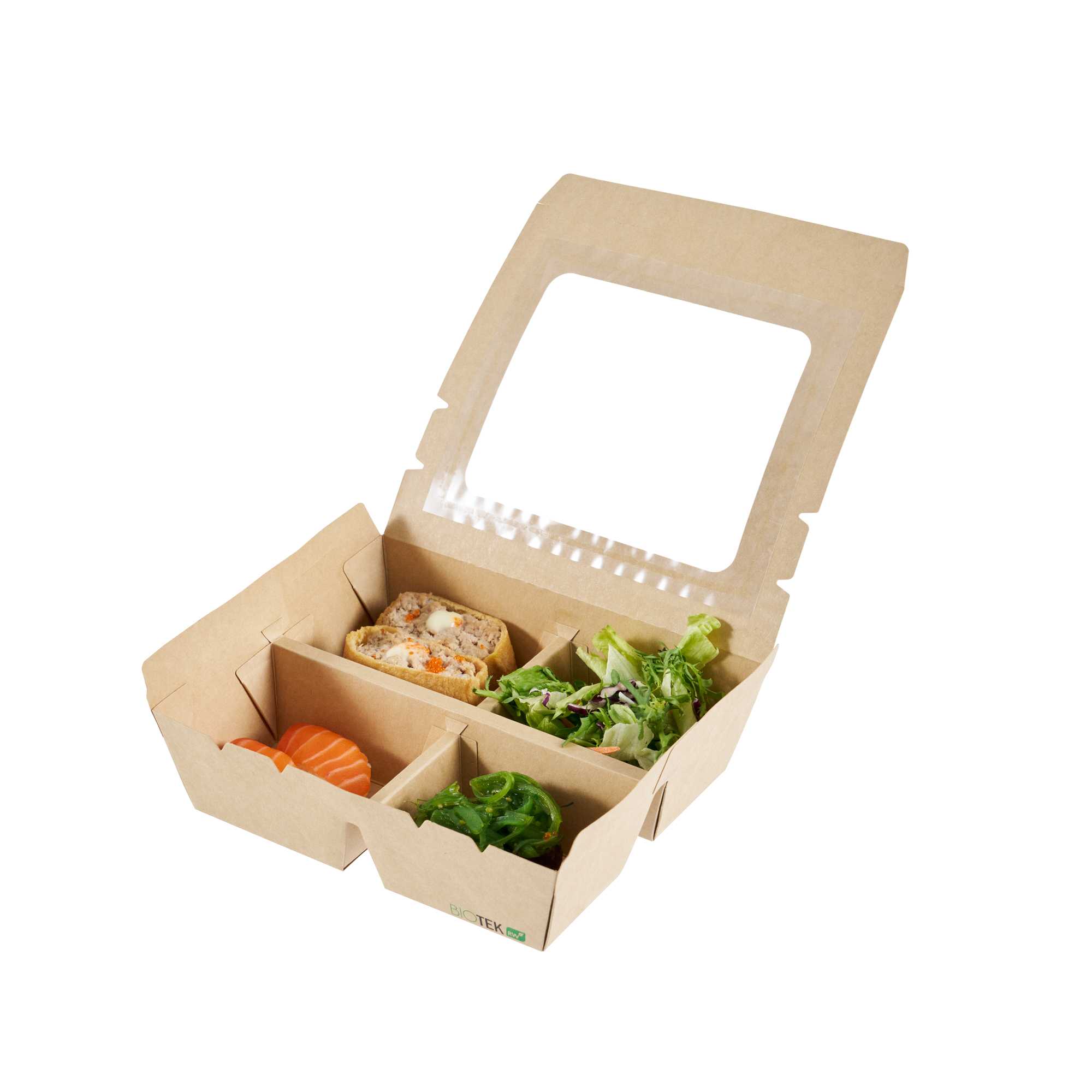 Bio Tek 28 oz Rectangle Kraft Paperboard Bento Box - with PET Window, 4 Compartments - 7 3/4" x 7" x 2 1/4" - 50 count box