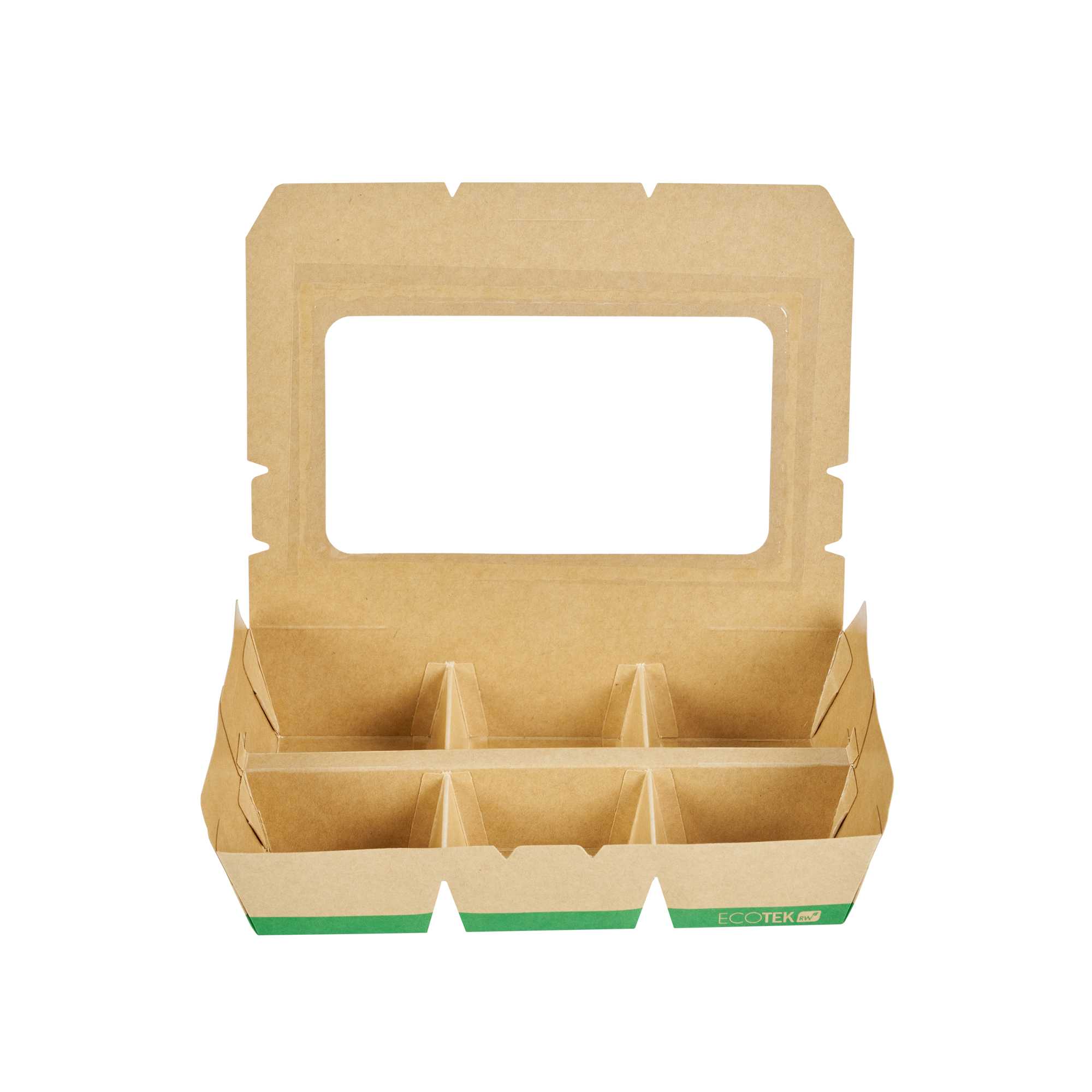 Eco Tek 23 oz Rectangle Kraft Paperboard Bento Box - with PLA Window, 6 Compartments, Compostable - 9" x 6" x 1 3/4" - 50 count box