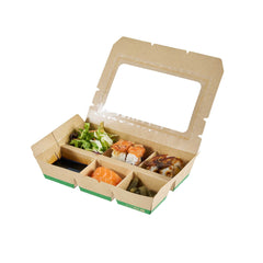 Eco Tek 23 oz Rectangle Kraft Paperboard Bento Box - with PLA Window, 6 Compartments, Compostable - 9