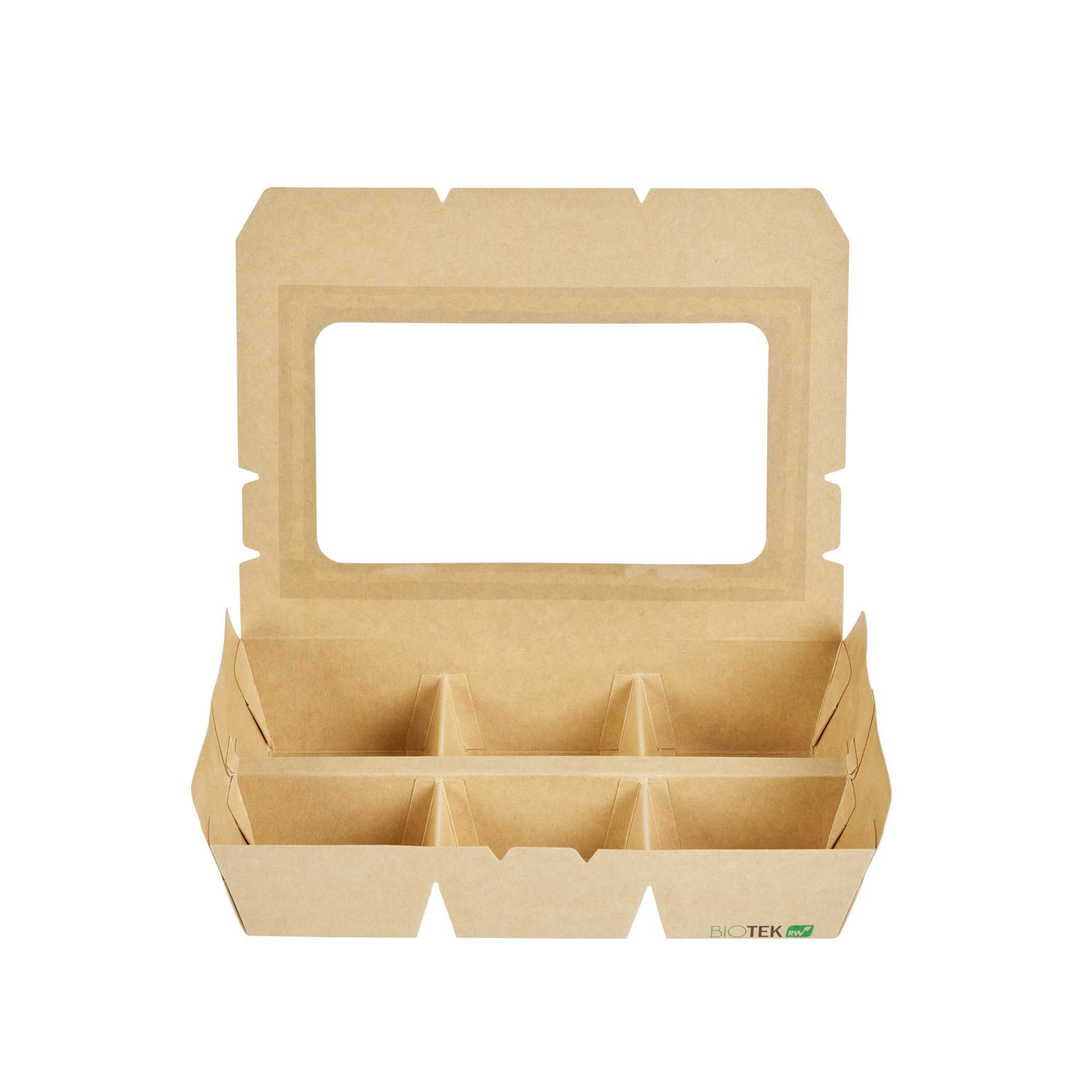 Bio Tek 23 oz Rectangle Kraft Paperboard Bento Box - with PET Window, 6 Compartments - 9" x 6" x 1 3/4" - 50 count box