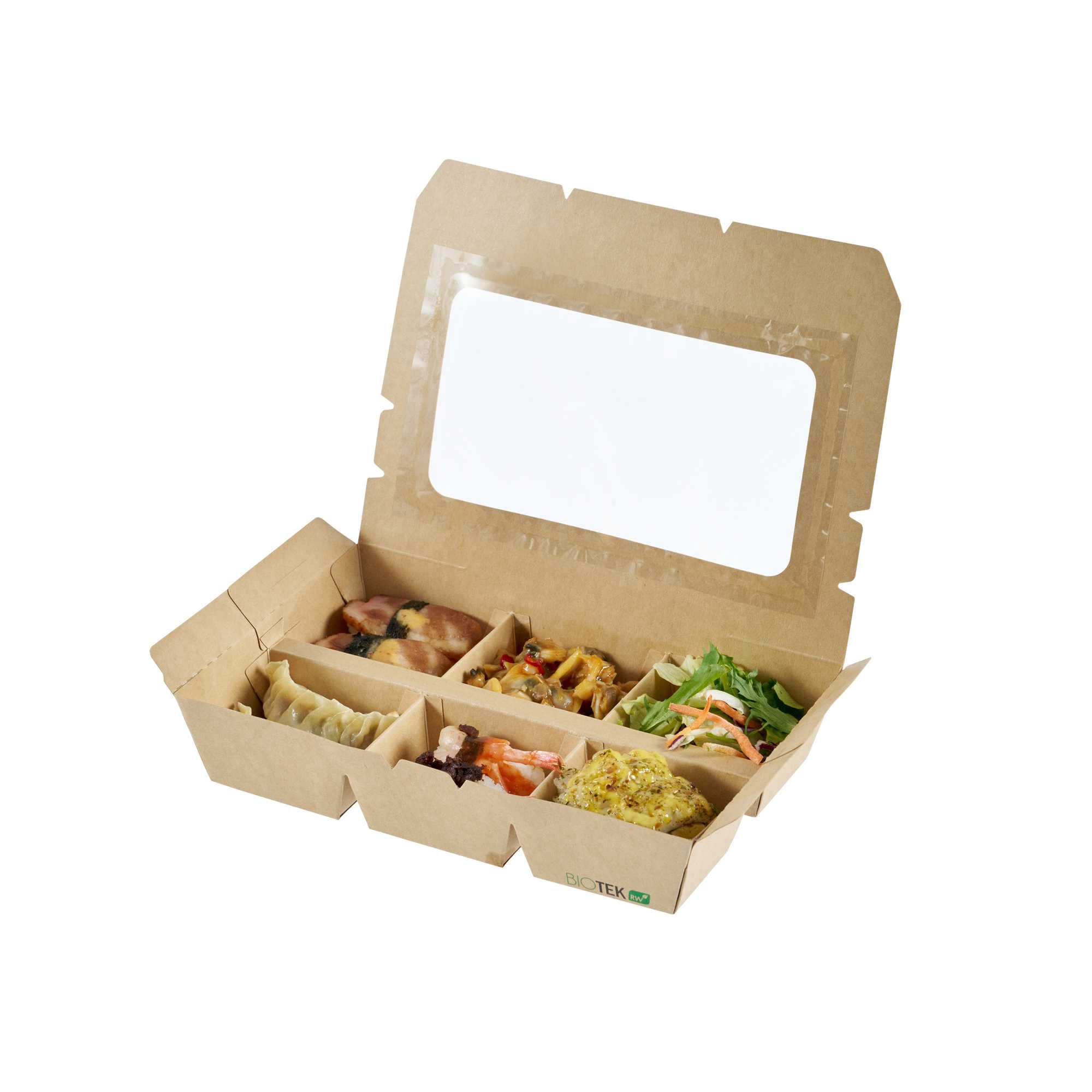 Bio Tek 23 oz Rectangle Kraft Paperboard Bento Box - with PET Window, 6 Compartments - 9" x 6" x 1 3/4" - 50 count box