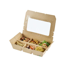 Bio Tek 23 oz Rectangle Kraft Paperboard Bento Box - with PET Window, 6 Compartments - 9