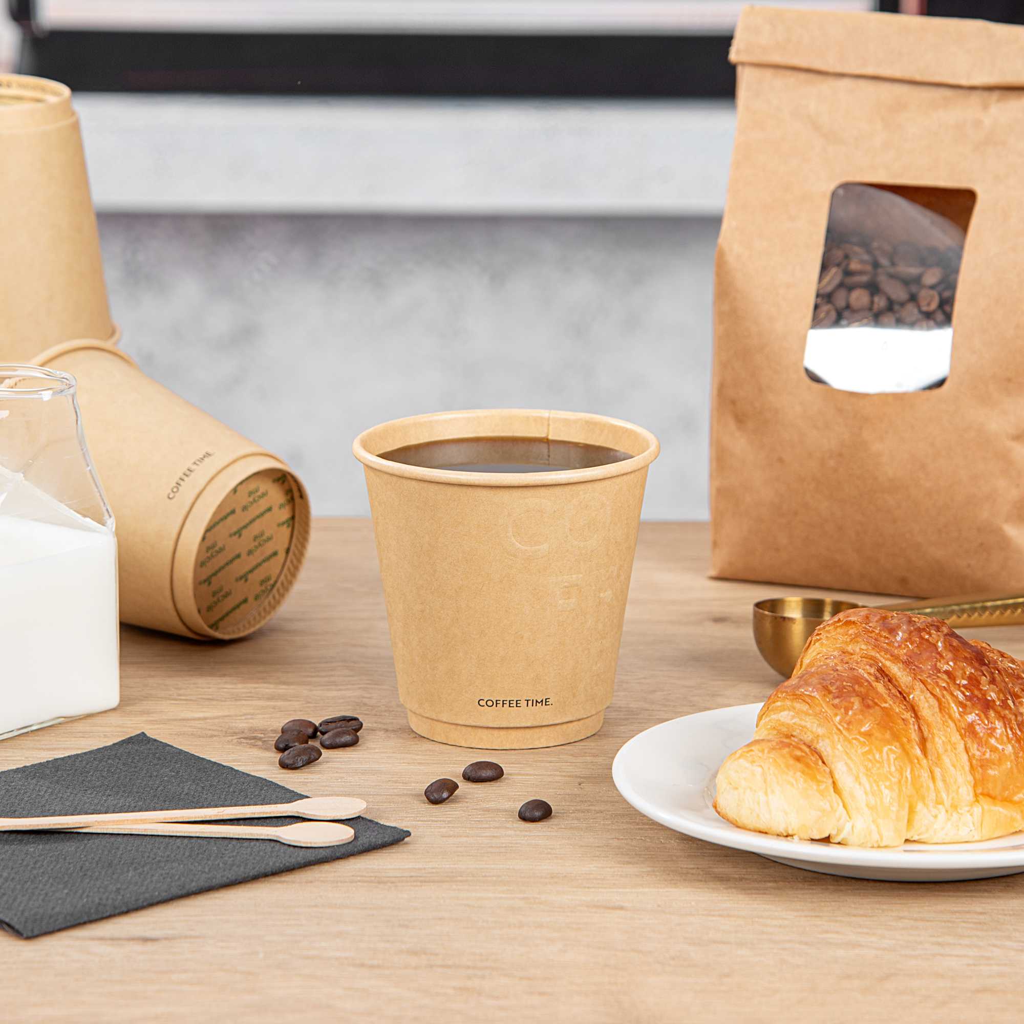 Restpresso 8 oz Kraft Embossed Paper Coffee Cup - Double Wall - 3 1/2" x 3 1/2" x 3 1/4" - 25 count box