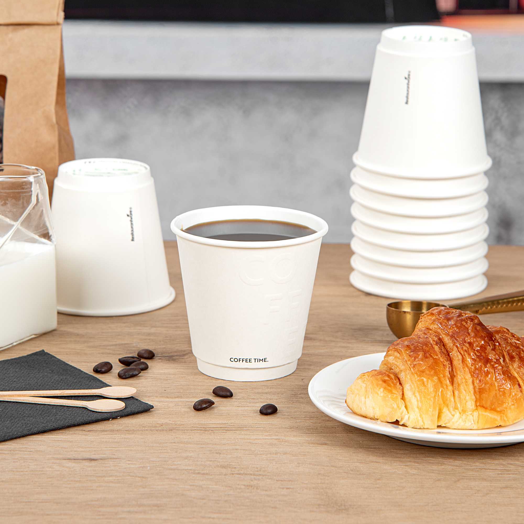 Restpresso 8 oz White Embossed Paper Coffee Cup - Double Wall - 3 1/2" x 3 1/2" x 3 1/4" - 25 count box