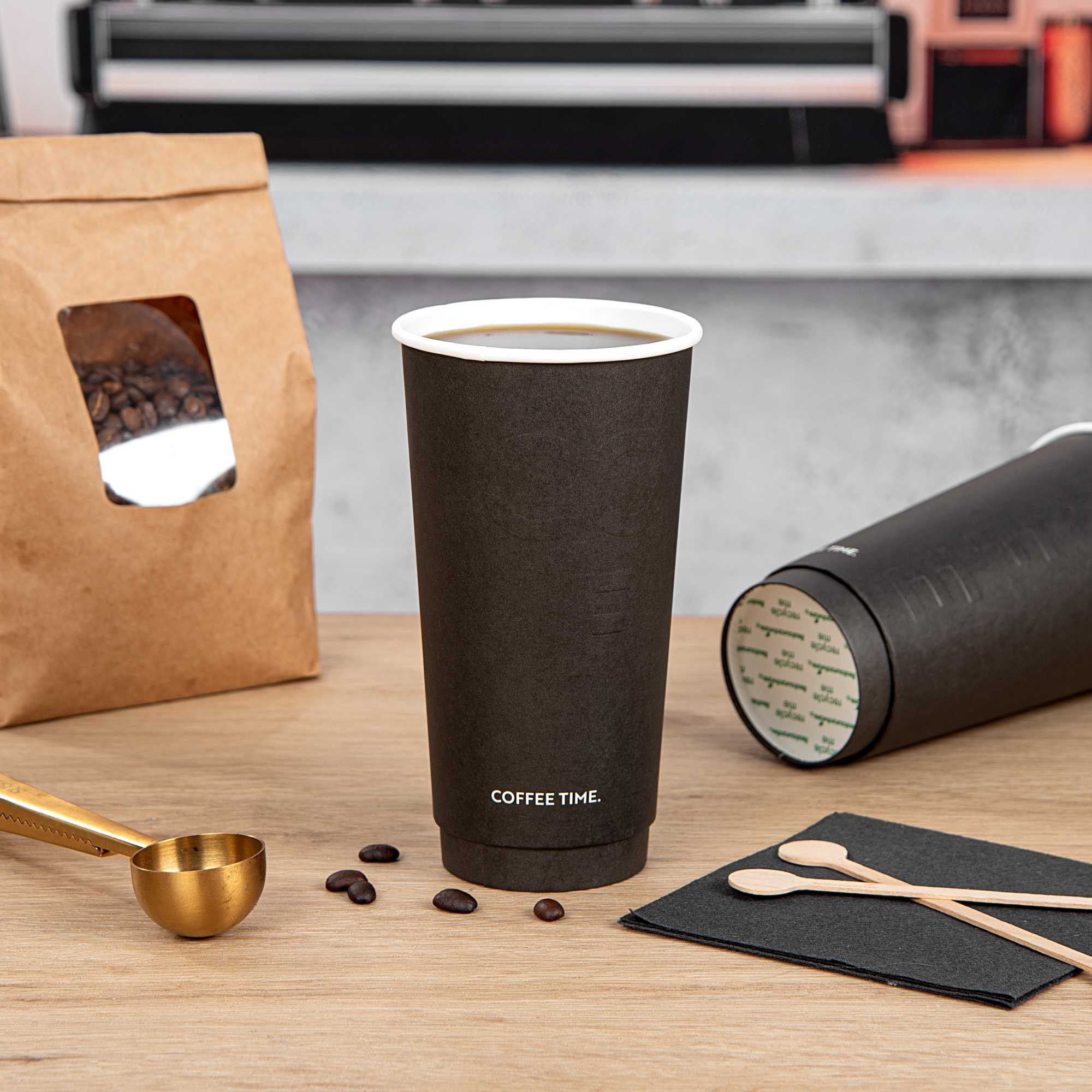 Restpresso 20 oz Black Embossed Paper Coffee Cup - Double Wall - 3 1/2" x 3 1/2" x 6 1/4" - 25 count box
