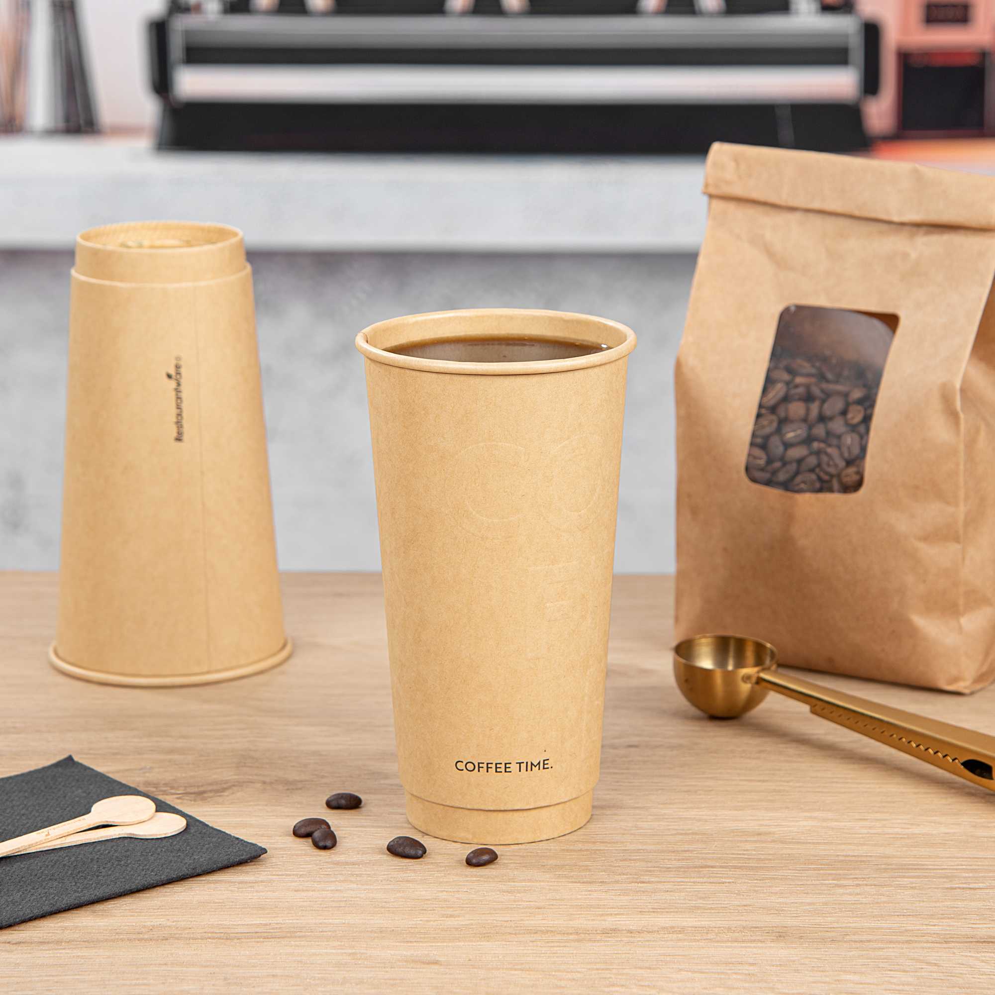 Restpresso 20 oz Kraft Embossed Paper Coffee Cup - Double Wall - 3 1/2" x 3 1/2" x 6 1/4" - 25 count box