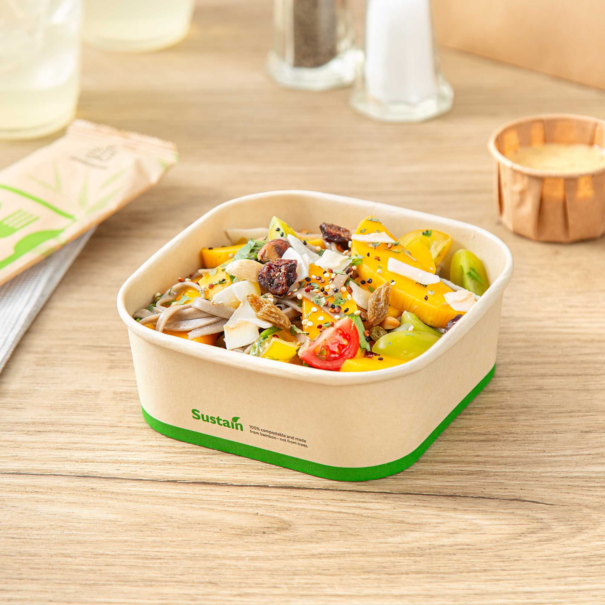 Sustain 17 oz Square Bamboo Paper Take Out Container - with PLA Lining, Compostable - 50 count box