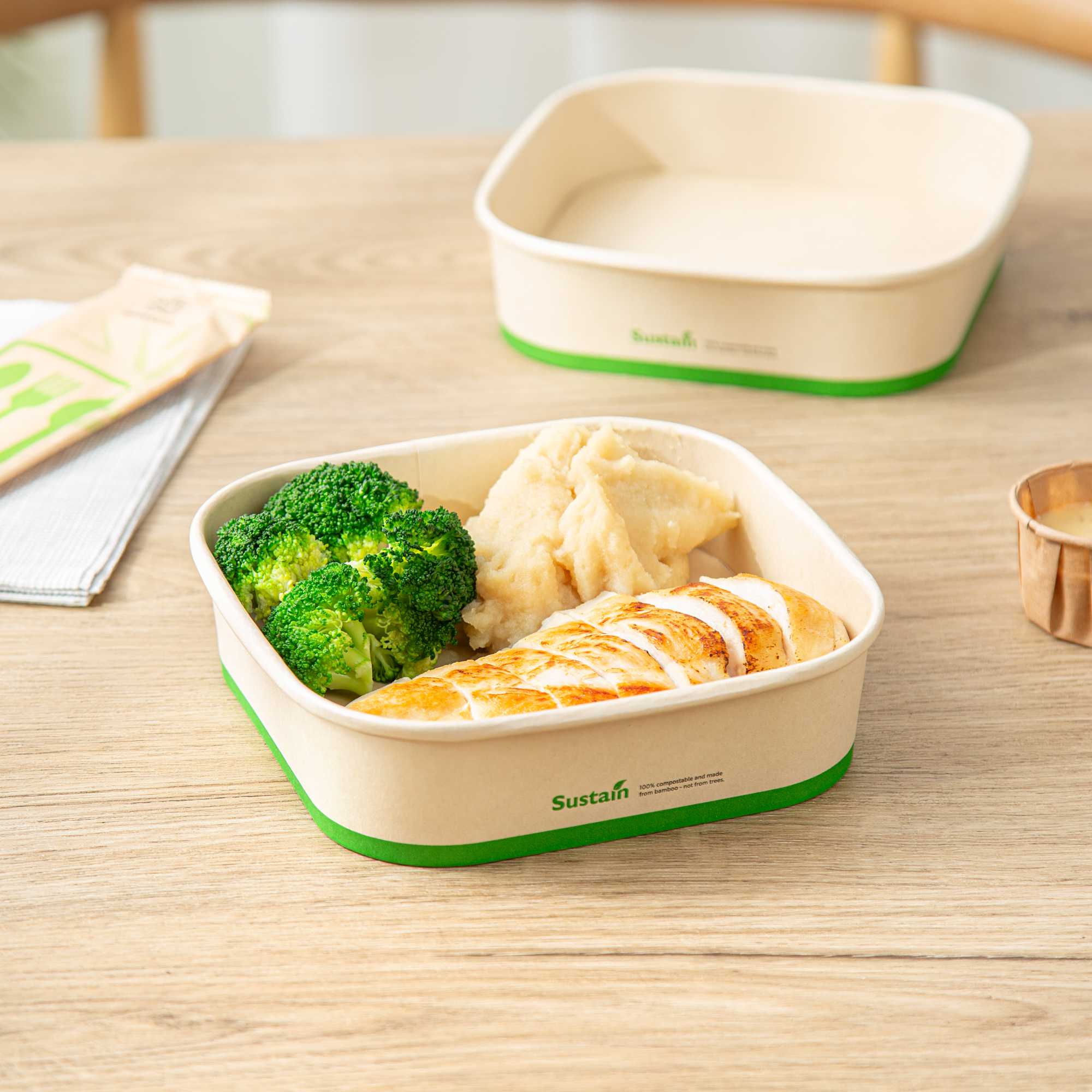 Sustain 25 oz Square Bamboo Paper Take Out Container - with PLA Lining, Compostable - 50 count box