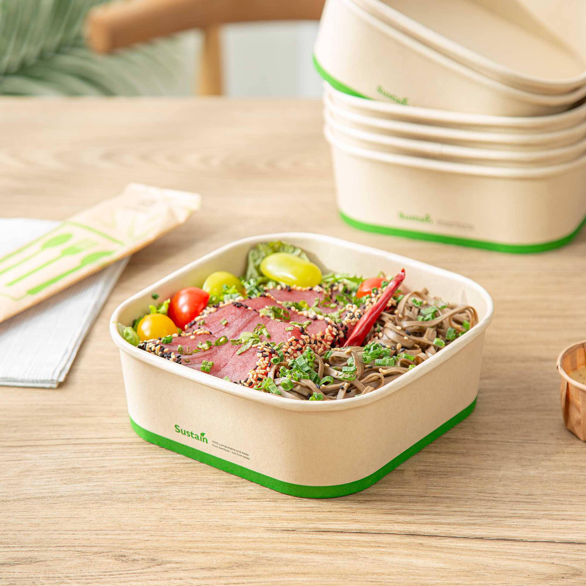 Sustain 34 oz Square Bamboo Paper Take Out Container - with PLA Lining, Compostable - 50 count box