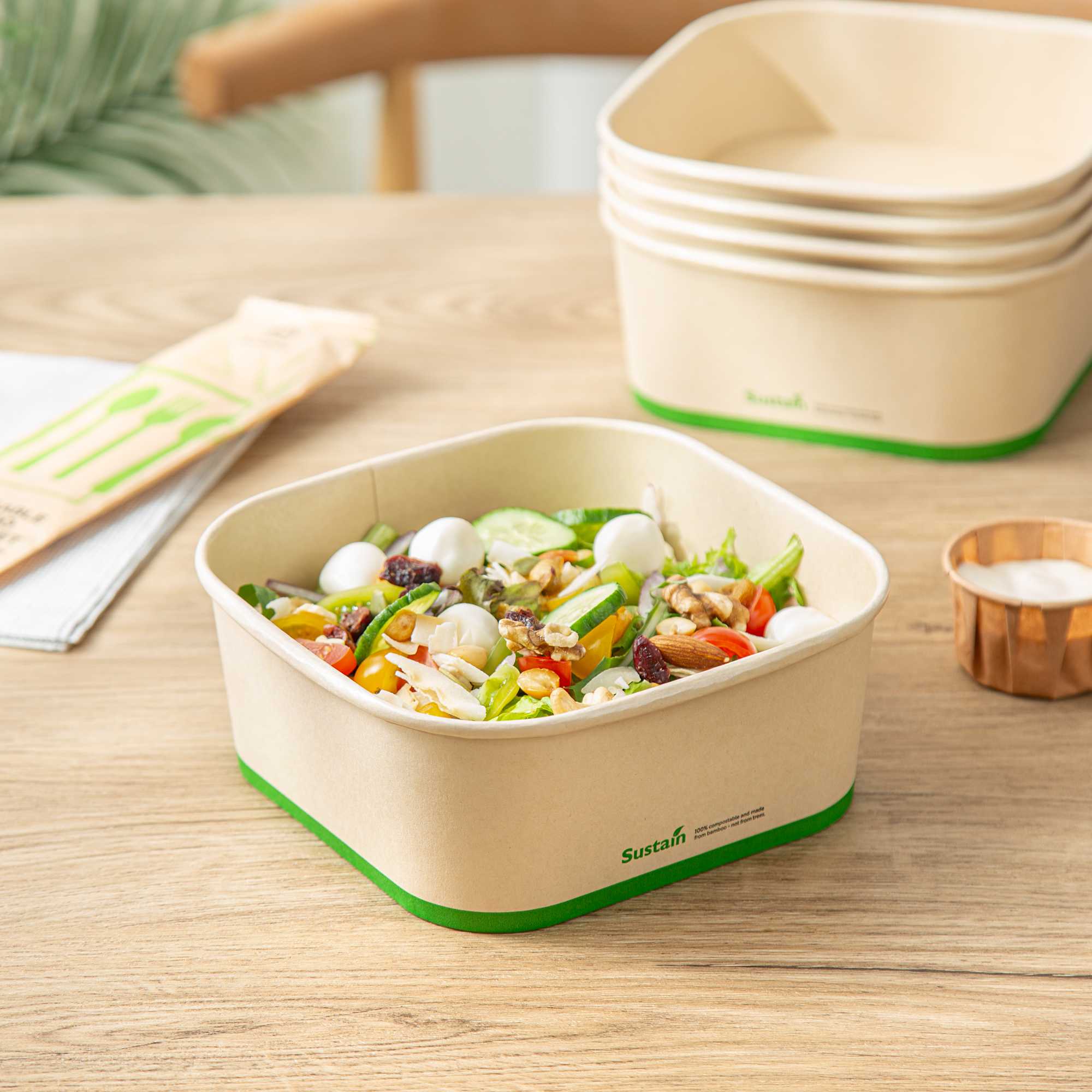 Sustain 40 oz Square Bamboo Paper Take Out Container - with PLA Lining, Compostable - 50 count box