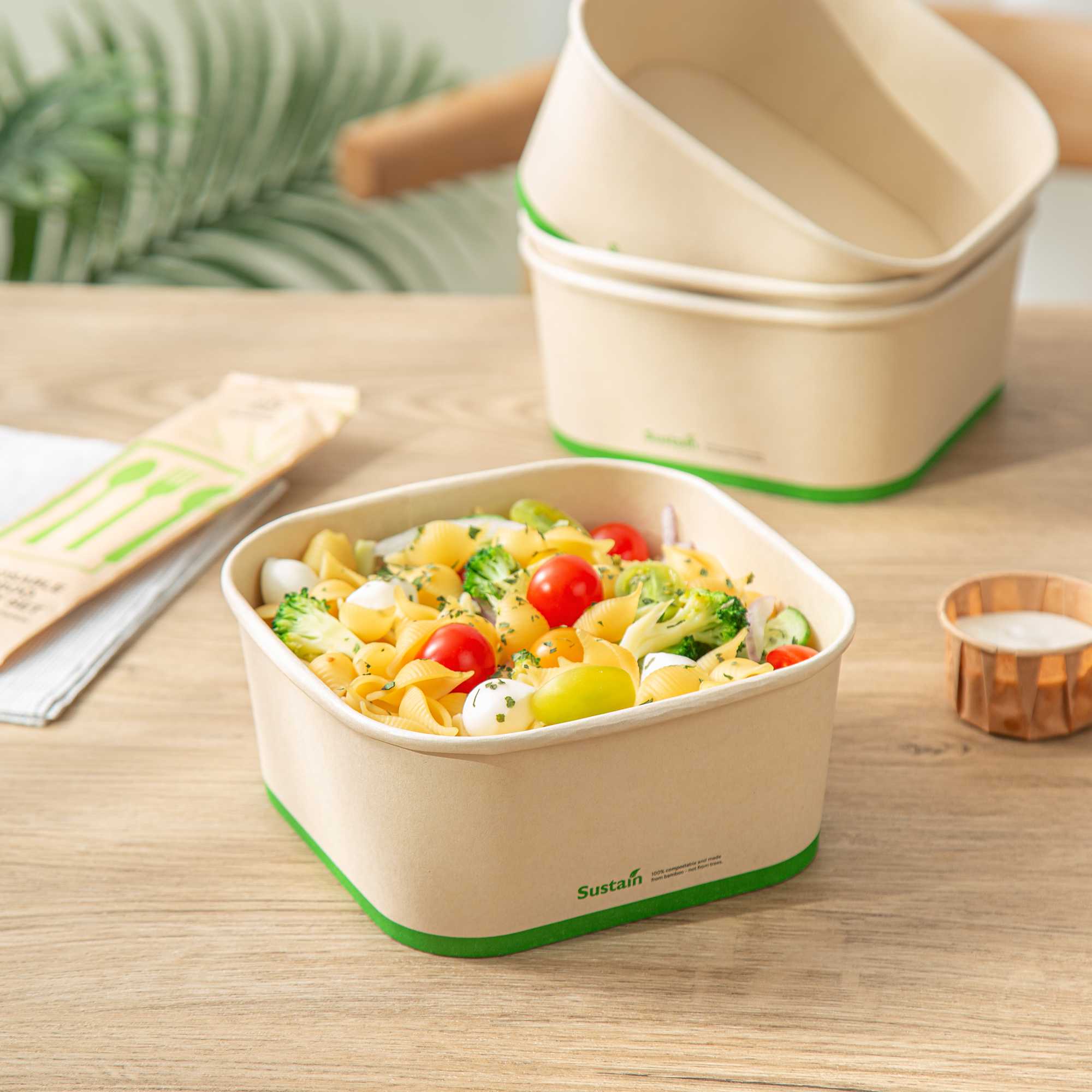 Sustain 47 oz Square Bamboo Paper Take Out Container - with PLA Lining, Compostable - 50 count box