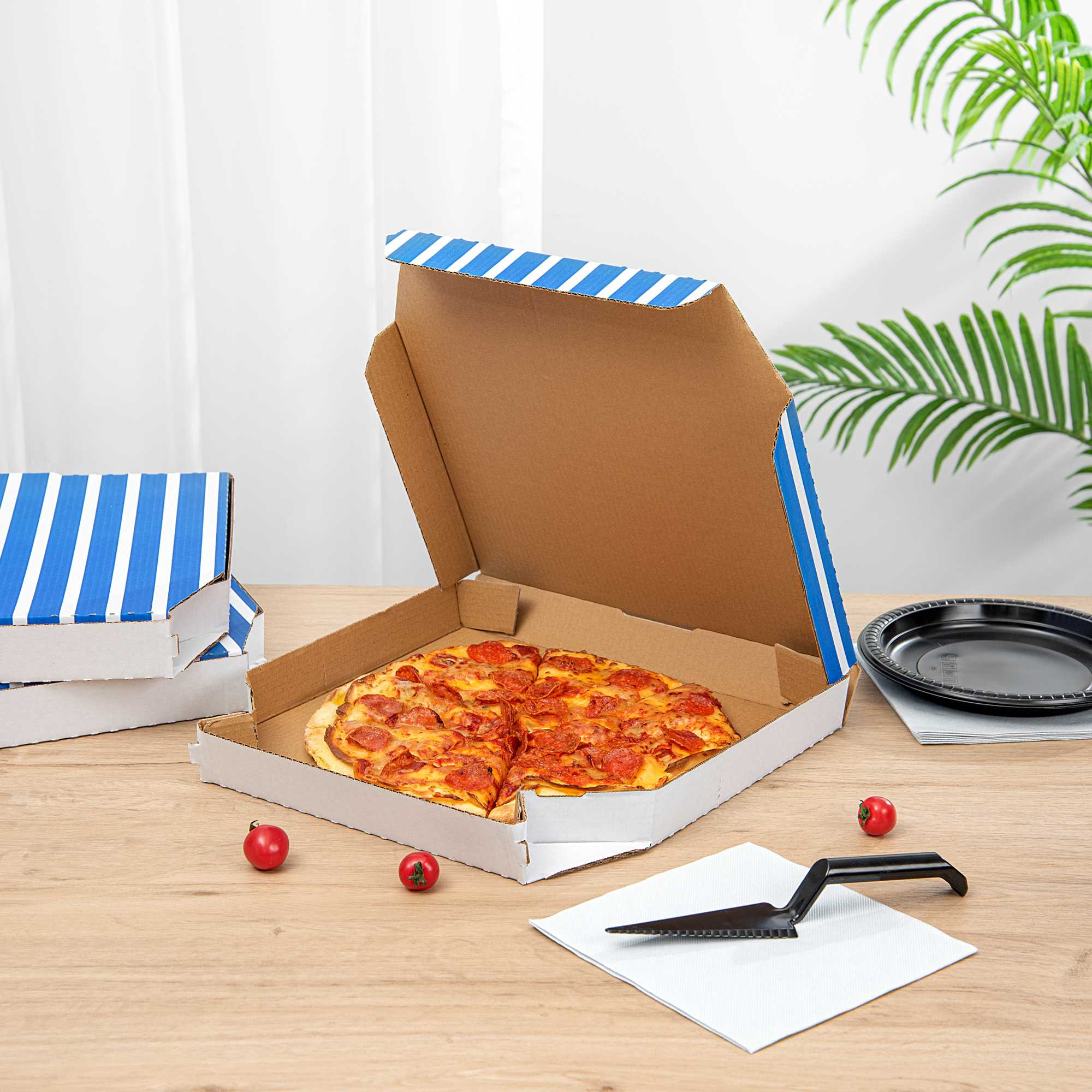 Pizzaly Blue Printed Corrugated Pizza Box - Slanted - 14 1/4" x 14" x 1 3/4" - 50 count box