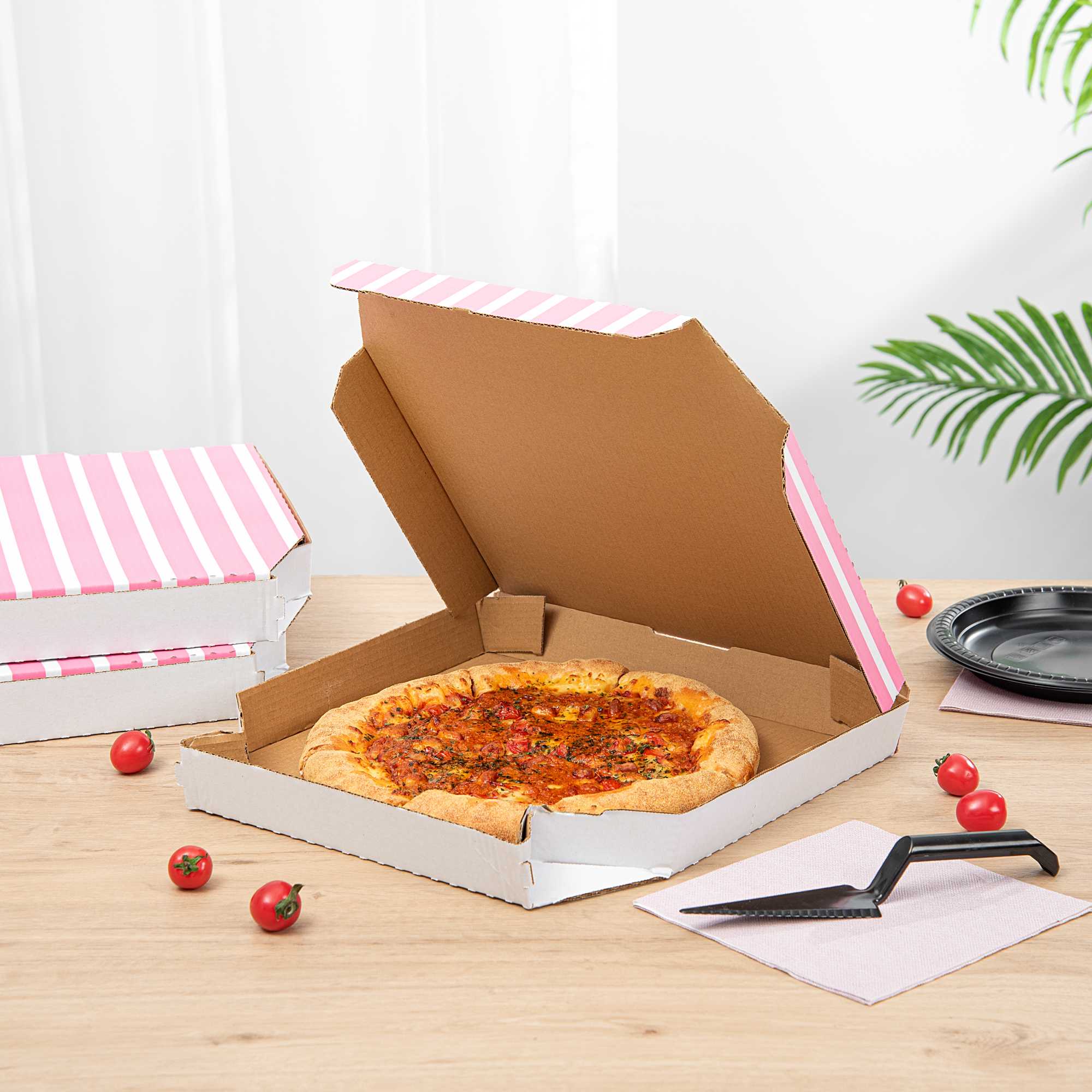 Pizzaly Pink Printed Corrugated Pizza Box - Slanted - 14 1/4" x 14" x 1 3/4" - 50 count box