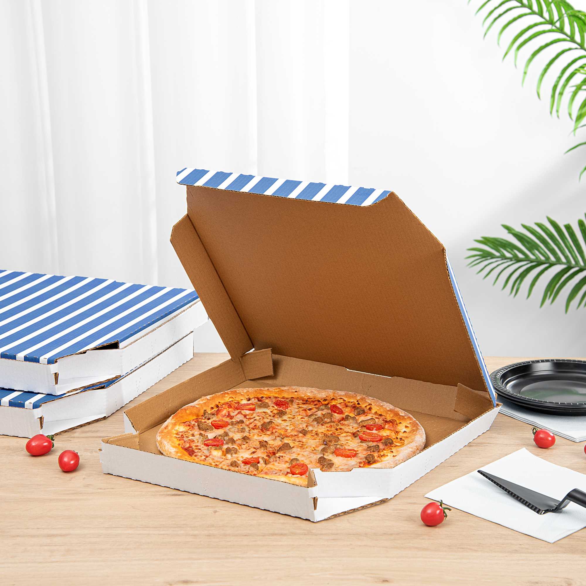 Pizzaly Blue Printed Corrugated Pizza Box - Slanted - 16 1/4" x 16 1/4" x 1 3/4" - 50 count box