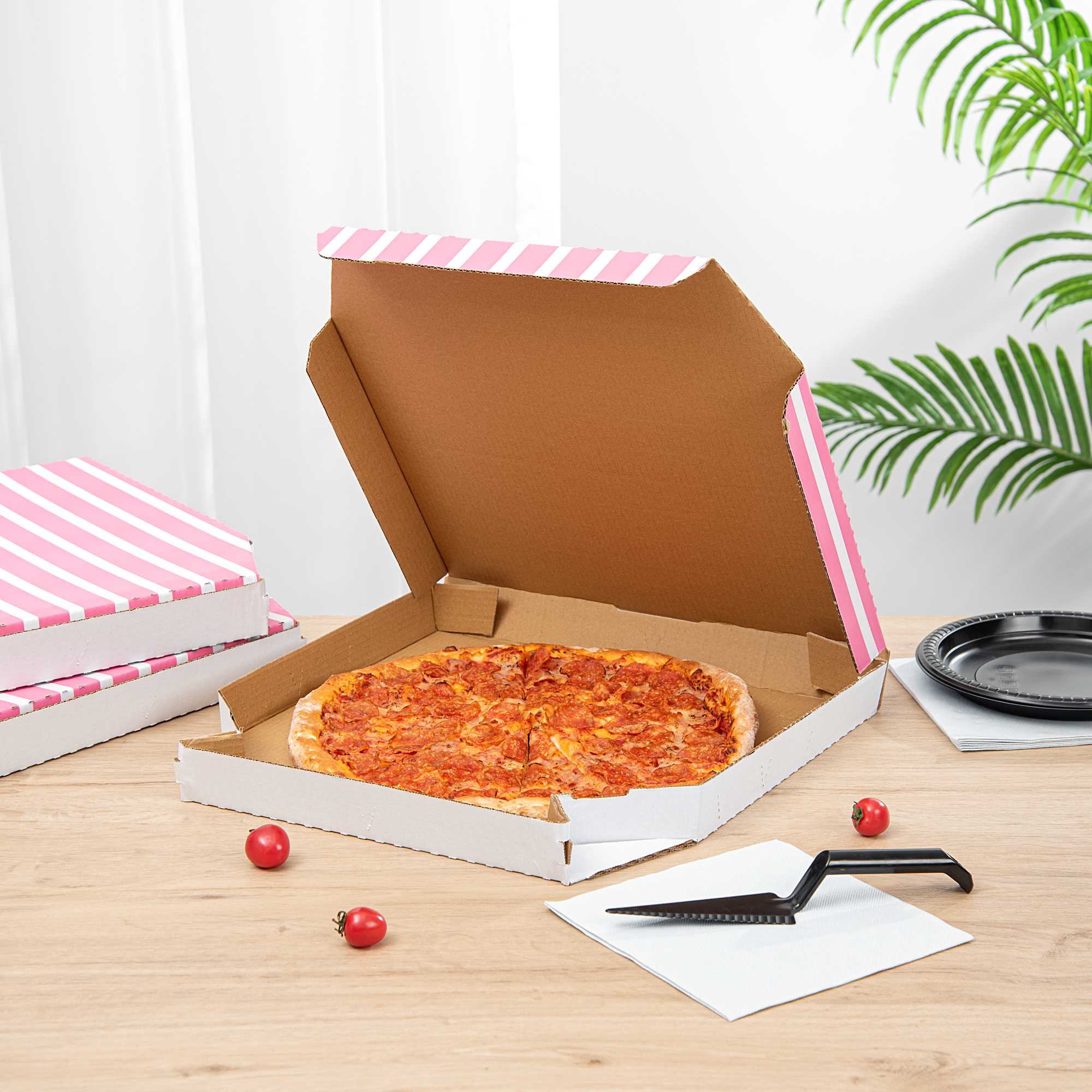 Pizzaly Pink Printed Corrugated Pizza Box - Slanted - 16 1/4" x 16 1/4" x 1 3/4" - 50 count box