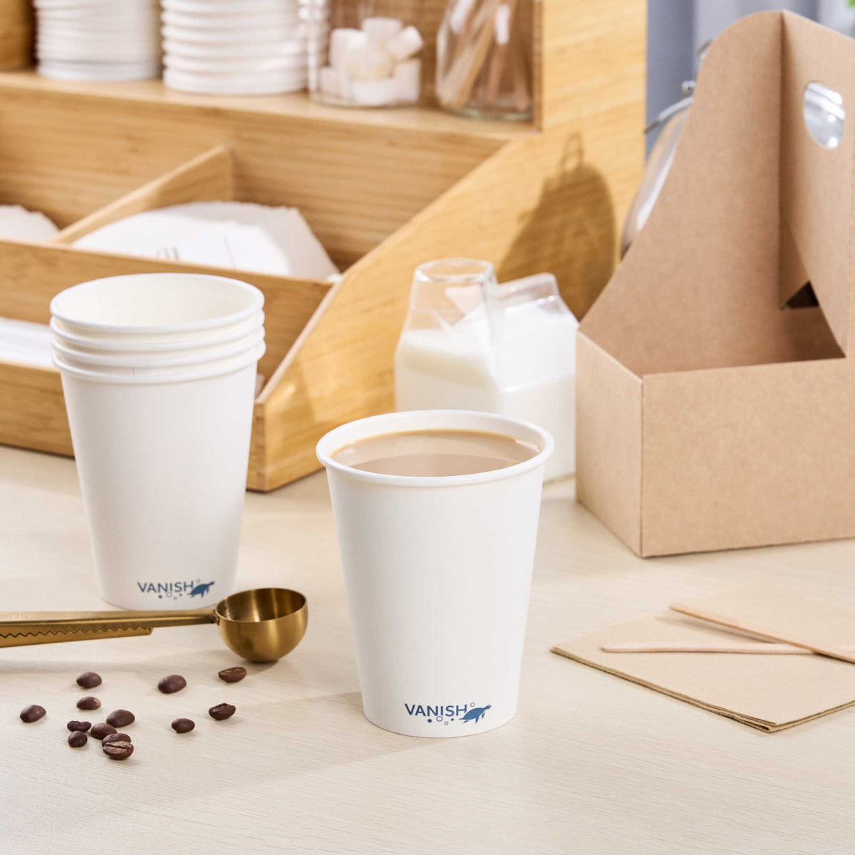 Vanish 12 oz White Paper Hot Cup - Single Wall, Compostable - 3 1/2" x 2 1/4" x 4 1/4" - 50 count box
