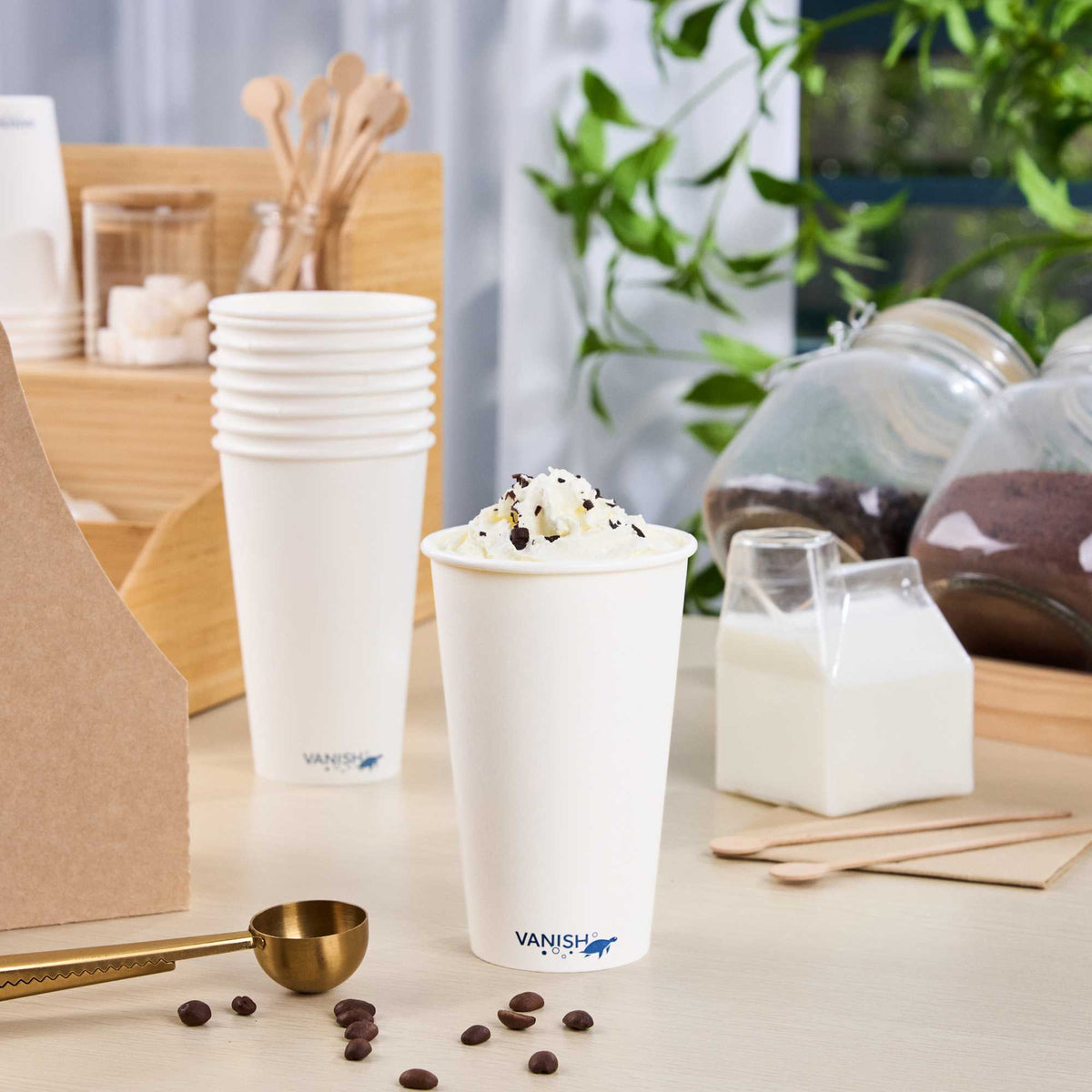 Vanish 16 oz White Paper Hot Cup - Single Wall, Compostable - 3 1/2" x 2 1/4" x 5 1/4" - 50 count box