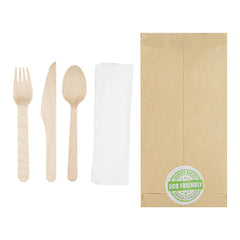 Eco Luxe Natural Wood Cutlery Set - with Napkin and Paper Pouch - 7