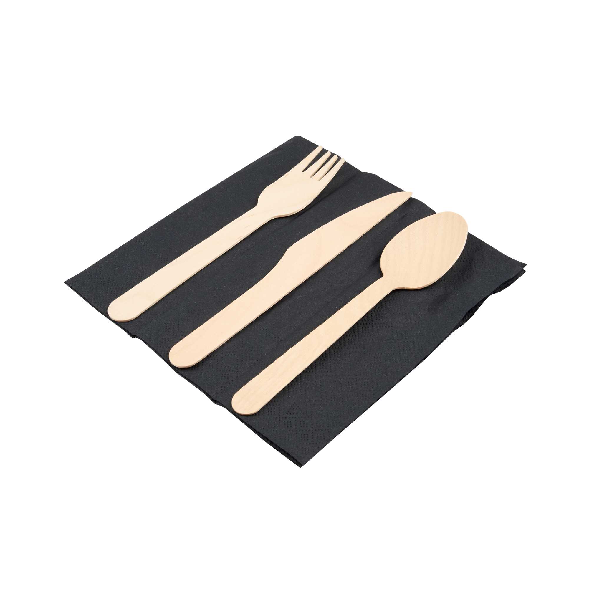Eco Luxe Natural Wood Cutlery Set - with Black Napkin and Paper Pouch - 7" x 3 1/2" - 100 count box