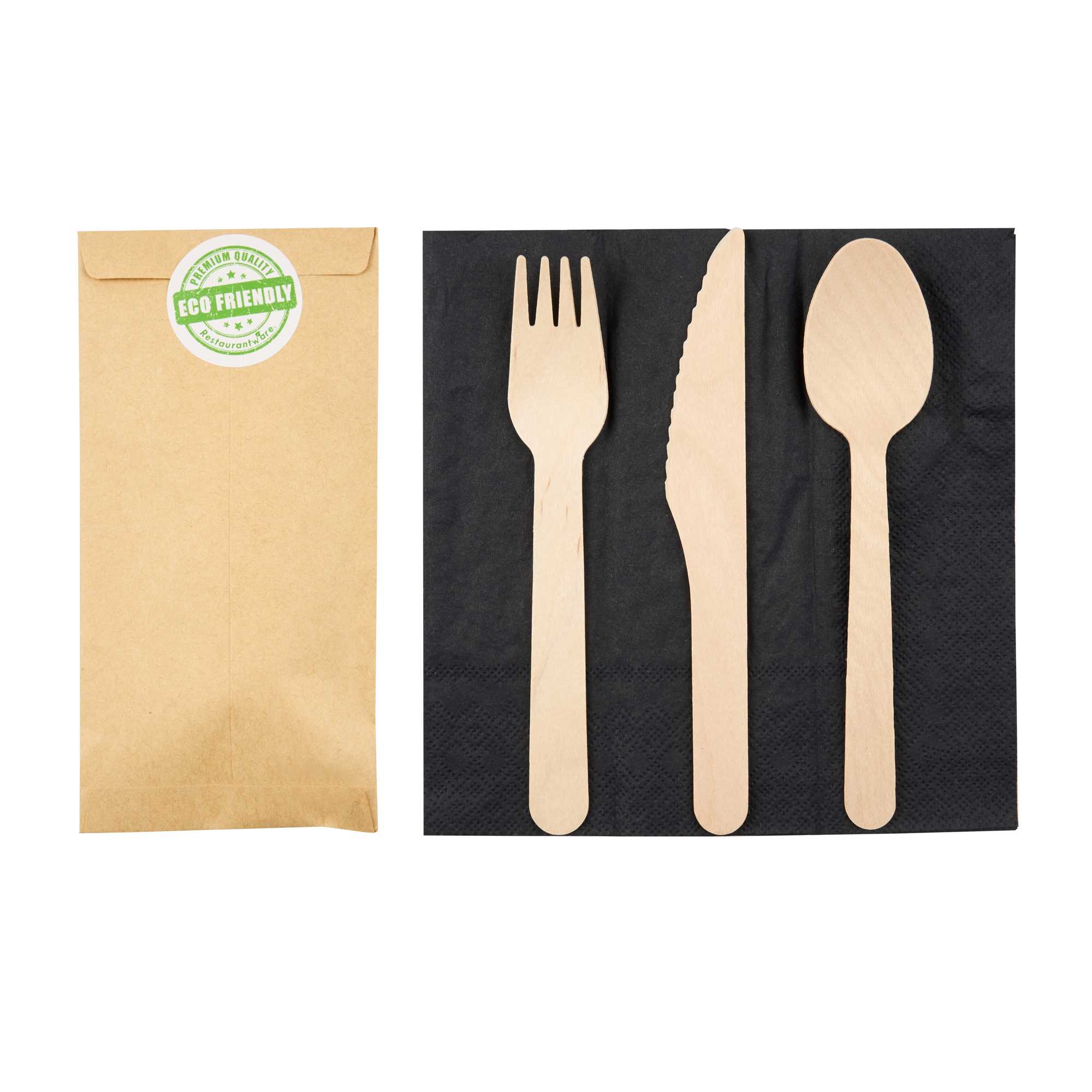 Eco Luxe Natural Wood Cutlery Set - with Black Napkin and Paper Pouch - 7" x 3 1/2" - 100 count box