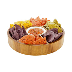 Eco Display Aperitivo Round Natural Acacia Chip and Dip Plate - 6 Compartments, Porcelain Bowl - 12